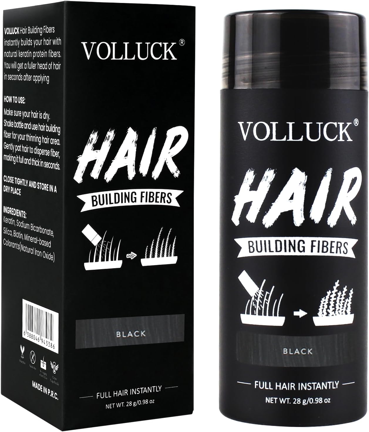 Hair Fibers for Thinning Hair, Instant Coverage Hair Building Fibers for Women and men, Natural Hair Powder for Conceal Hair Loss 28 g (Black)