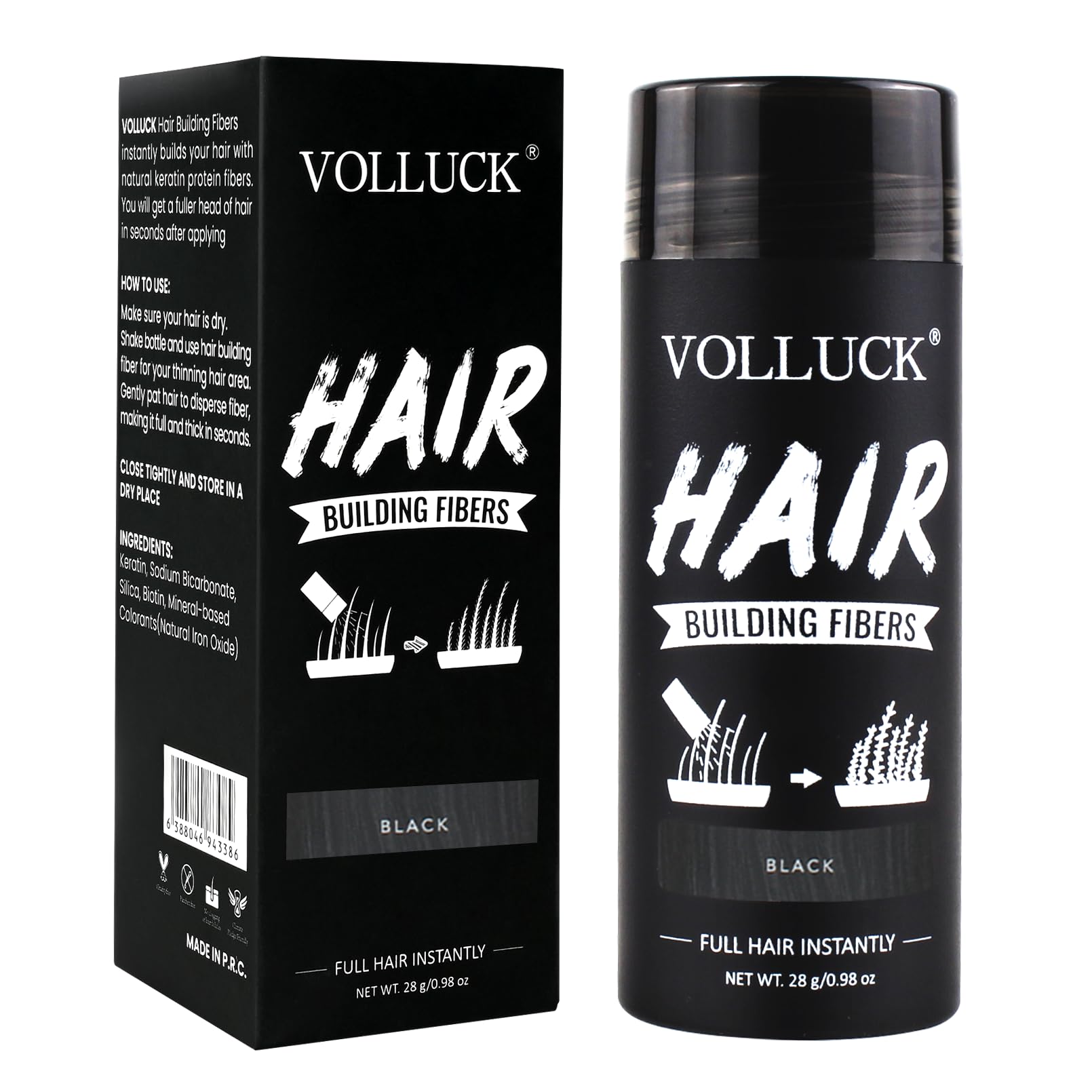 VOLLUCK Hair Fibers for Thinning Hair, Instant Coverage Hair Building Fibers for Women and men, Natural Hair Powder for Conceal Hair Loss 28 g (Black)