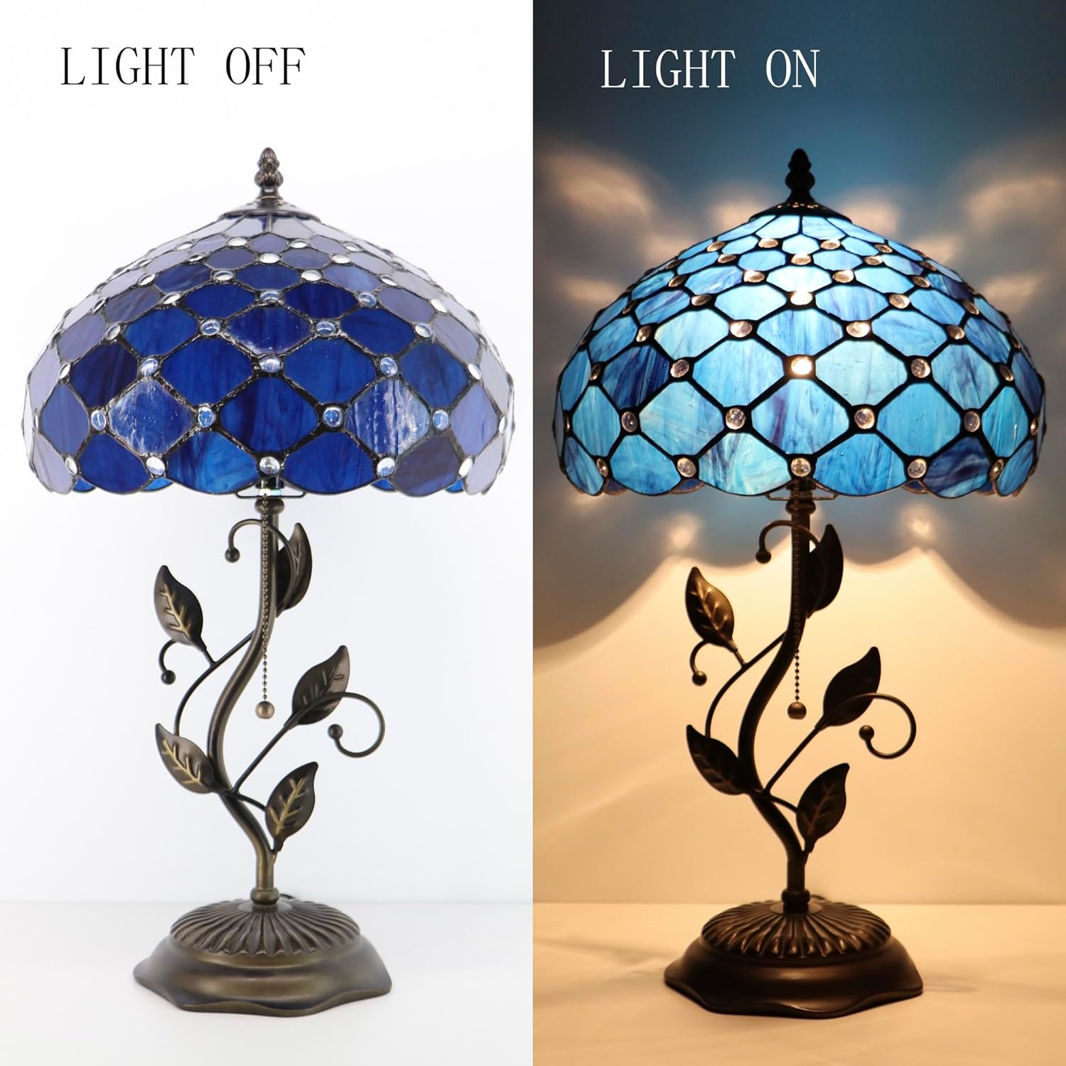 Tiffany Table Lamp, Stained Glass Style Desk Lamp, 12X12X19 Inch,Bedside Reading Light, Metal Leaf Base（Blue Beads Style