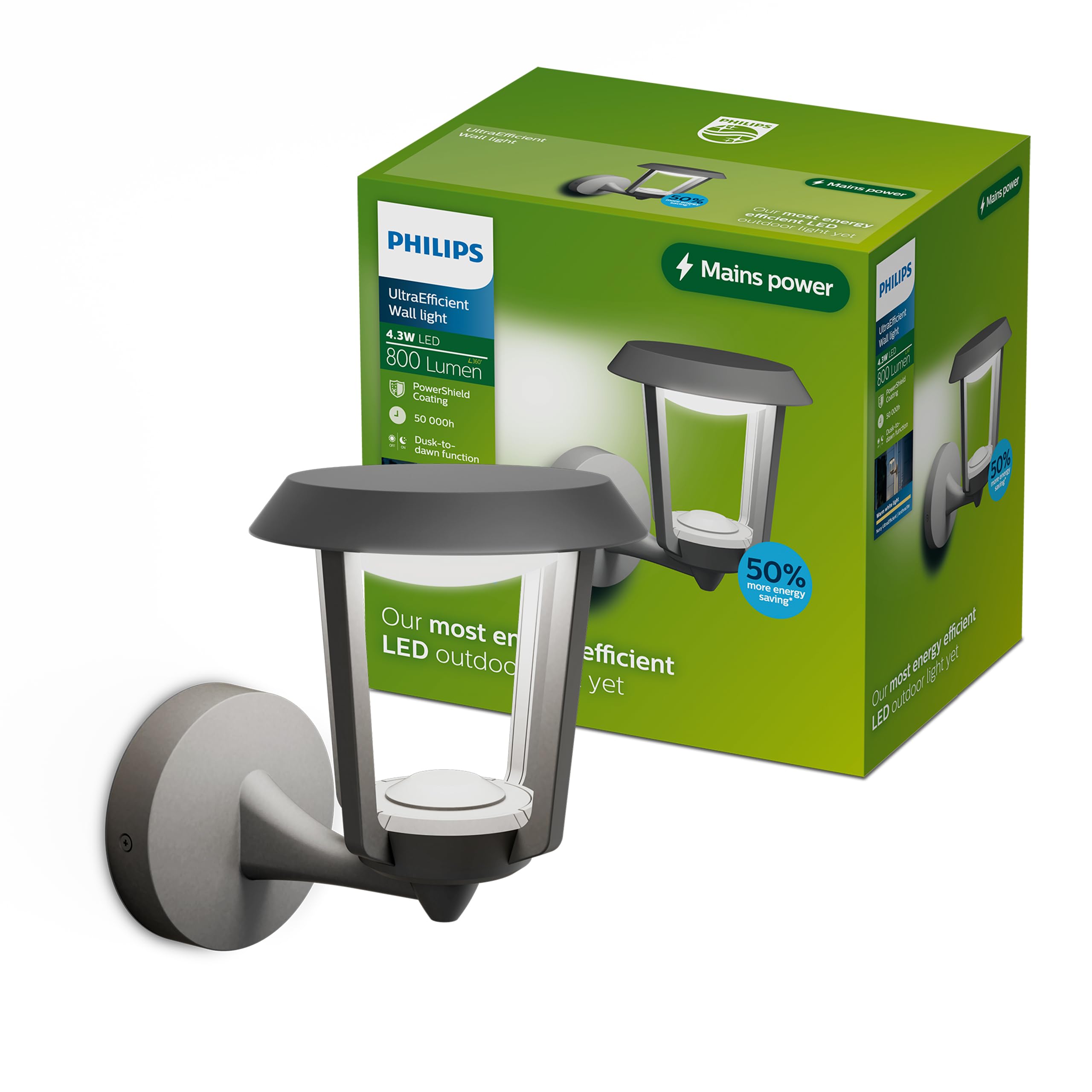 PHILIPS Nuvy Outdoor Wall Light, 800 lm, 2700 K, PowerShield, IP44 Weather-Resistant, Durable, Aluminum, Built-in LED, Anthracite Gray