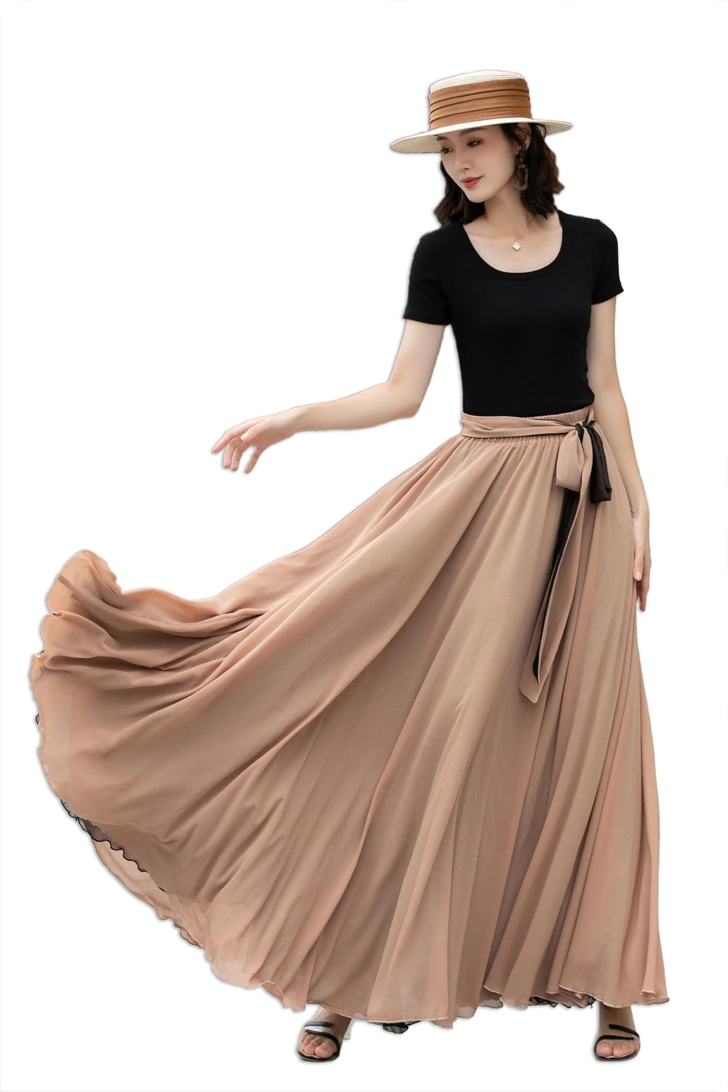 Reversible Georgette Maxi Skirt, Two-Way Wear, Flared Style, Elastic Waistband with Belt, Long in Length