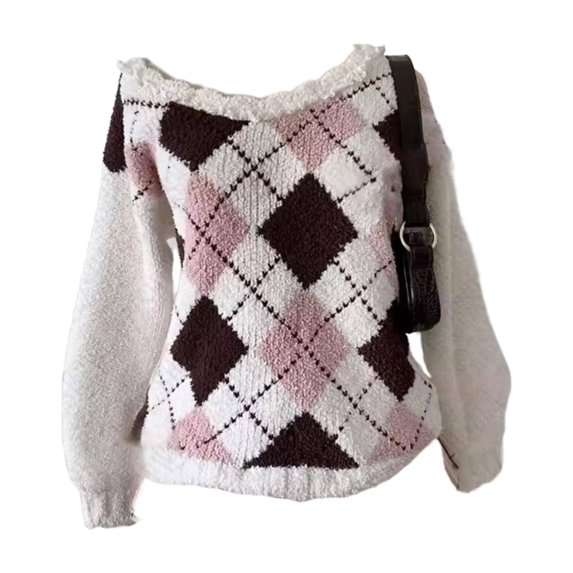 Y2k Plaid Kawaii Off Shoulder Tops Women Cutecore Coquette Sweater Cute Grunge Emo 2000s Long Sleeve Knitt Top