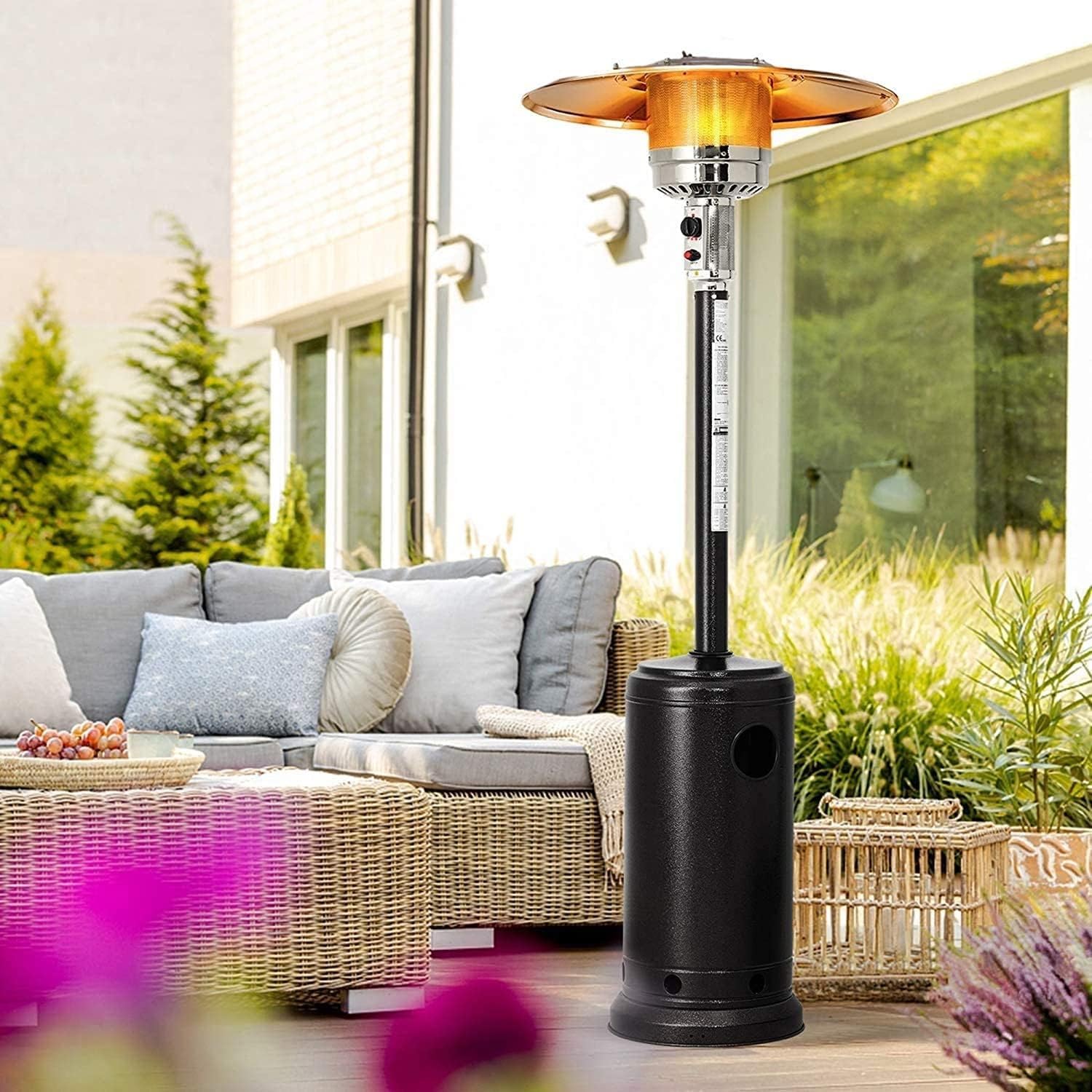 Stufa a Fungo Riscaldante per Esterno a Gas 12kW, Accensione Piezoelettrica, Ruote Integrate, Compatibile con Bombola 15Kg, Nero
