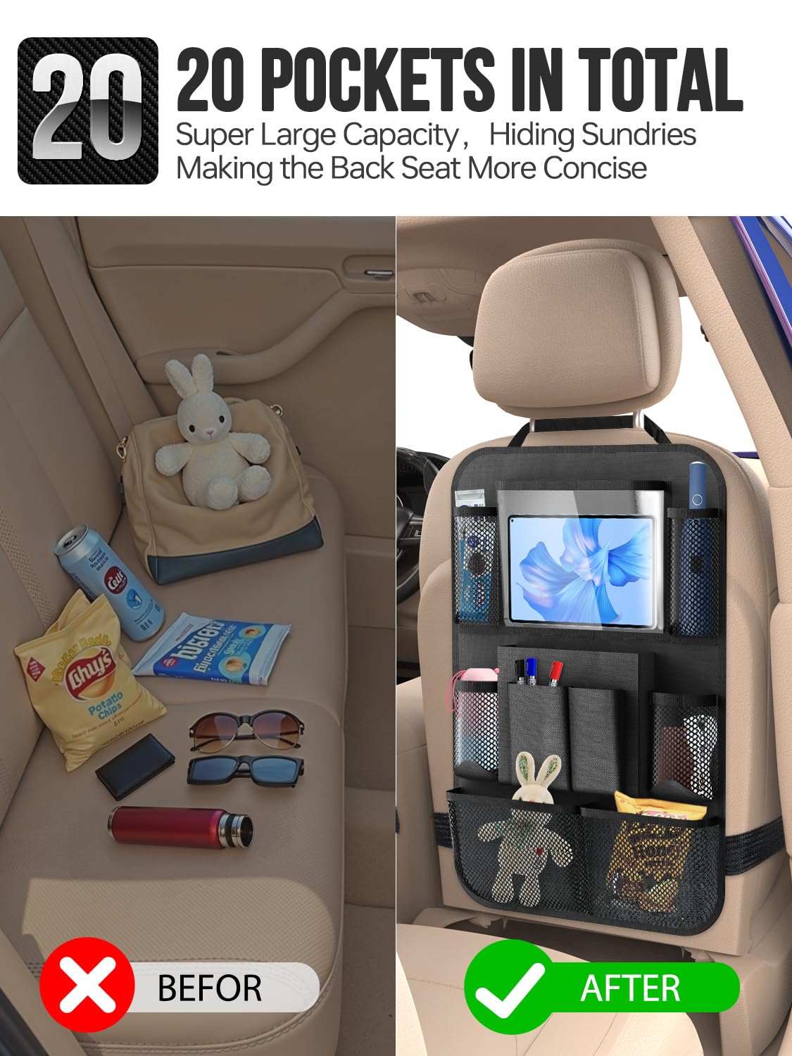 New Fi Backseat Car Organizer(20 Storage Pockets),Come with Free 1 Seat Net and 2 Headrest Hook, Touch Screen Tablet Holder, Divider for Driving Safely Children & Pets…, Car Organizer (black)