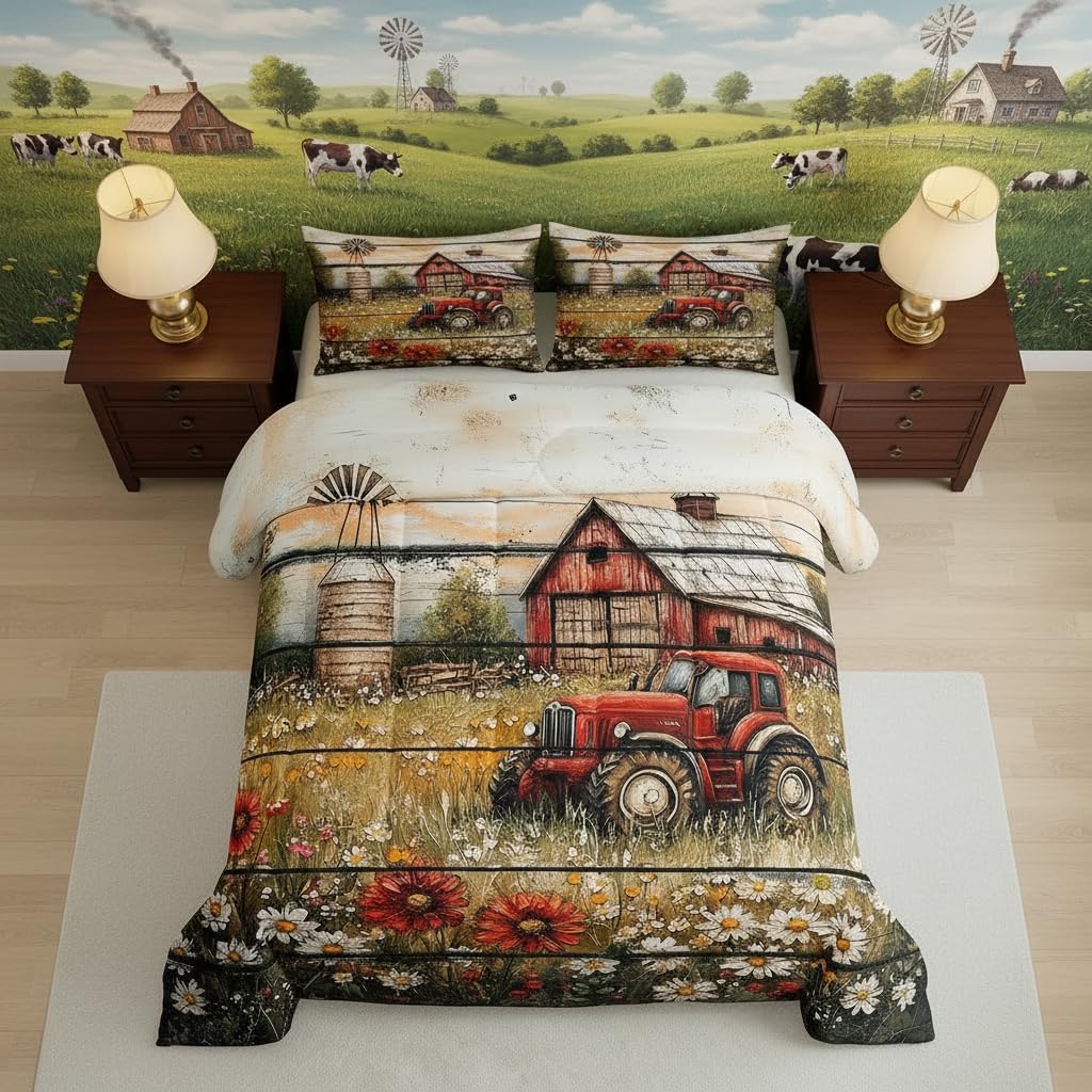 Regalo de decoración de dormitorio de margaritas y tractor vintage juego de ropa de cama