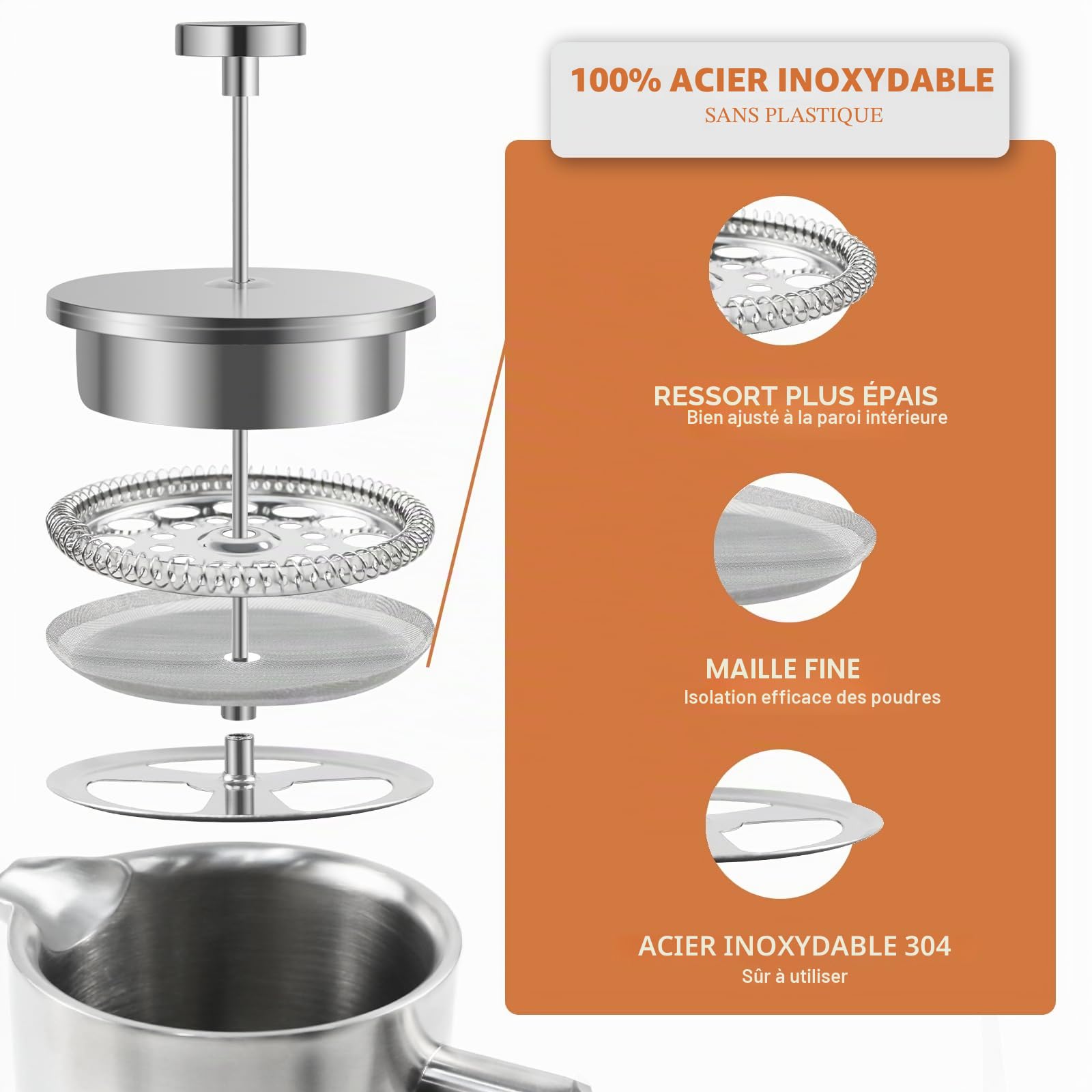 Cafetière à Piston 1L Inox Isotherme French Press 8 Tasses | 5 filtres de rechange en acier, 1000ml