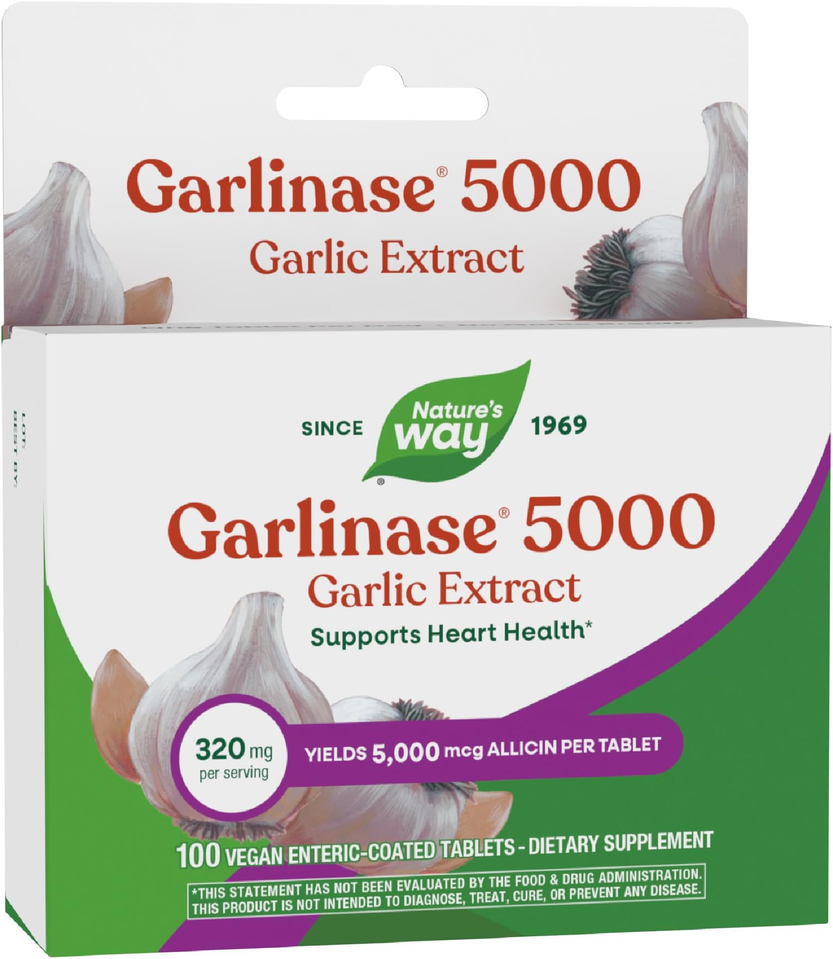 Garlinase 5000, Garlic Extract, Supports Heart Health*, Odorless Garlic Supplements, Vegan, 100 Tablets