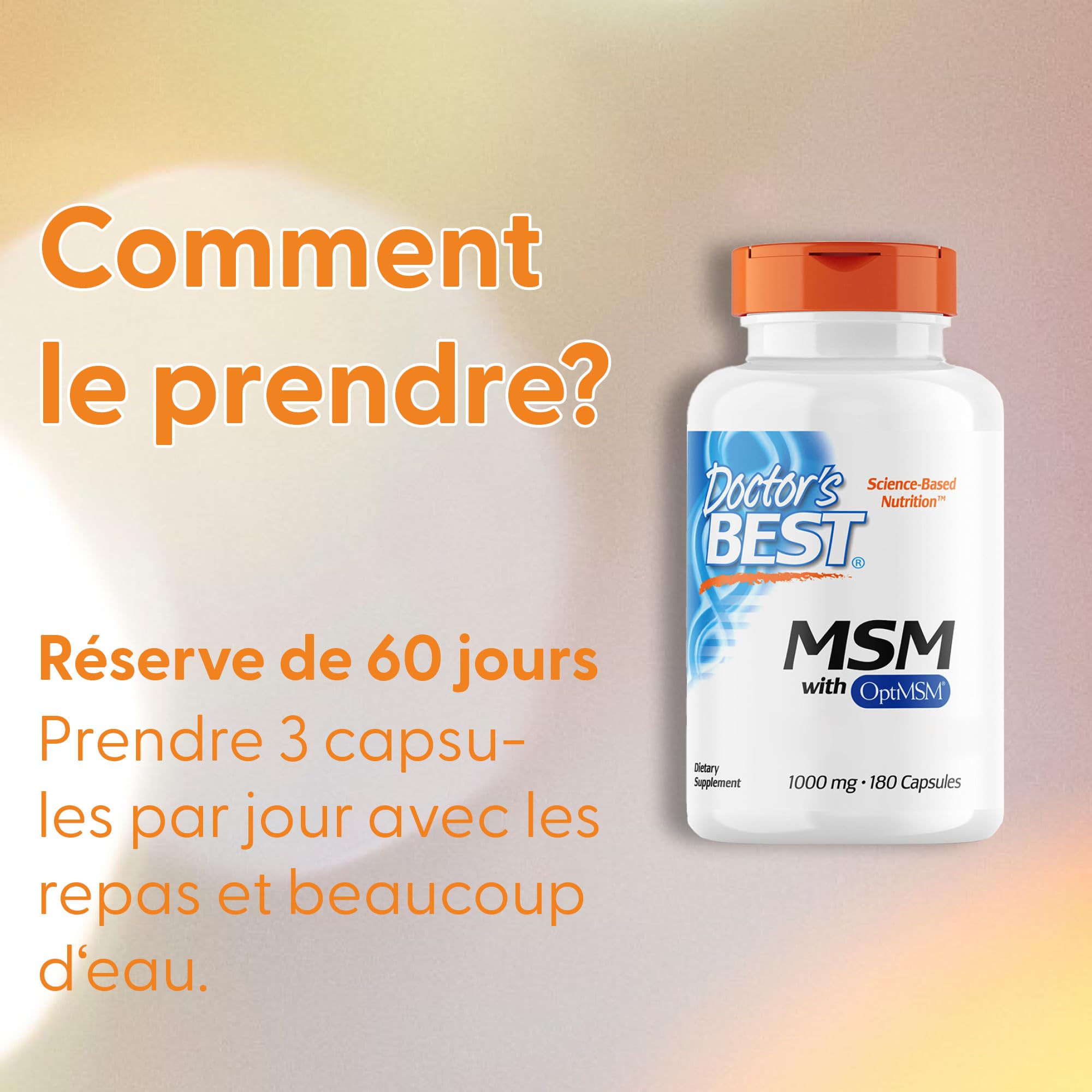Doctor's Best, MSM avec OptiMSM, 1.000 mg, 180 Capsules, Hautement Dosé, Sans Soja, Sans Gluten, Sans OGM, Soufre Naturel