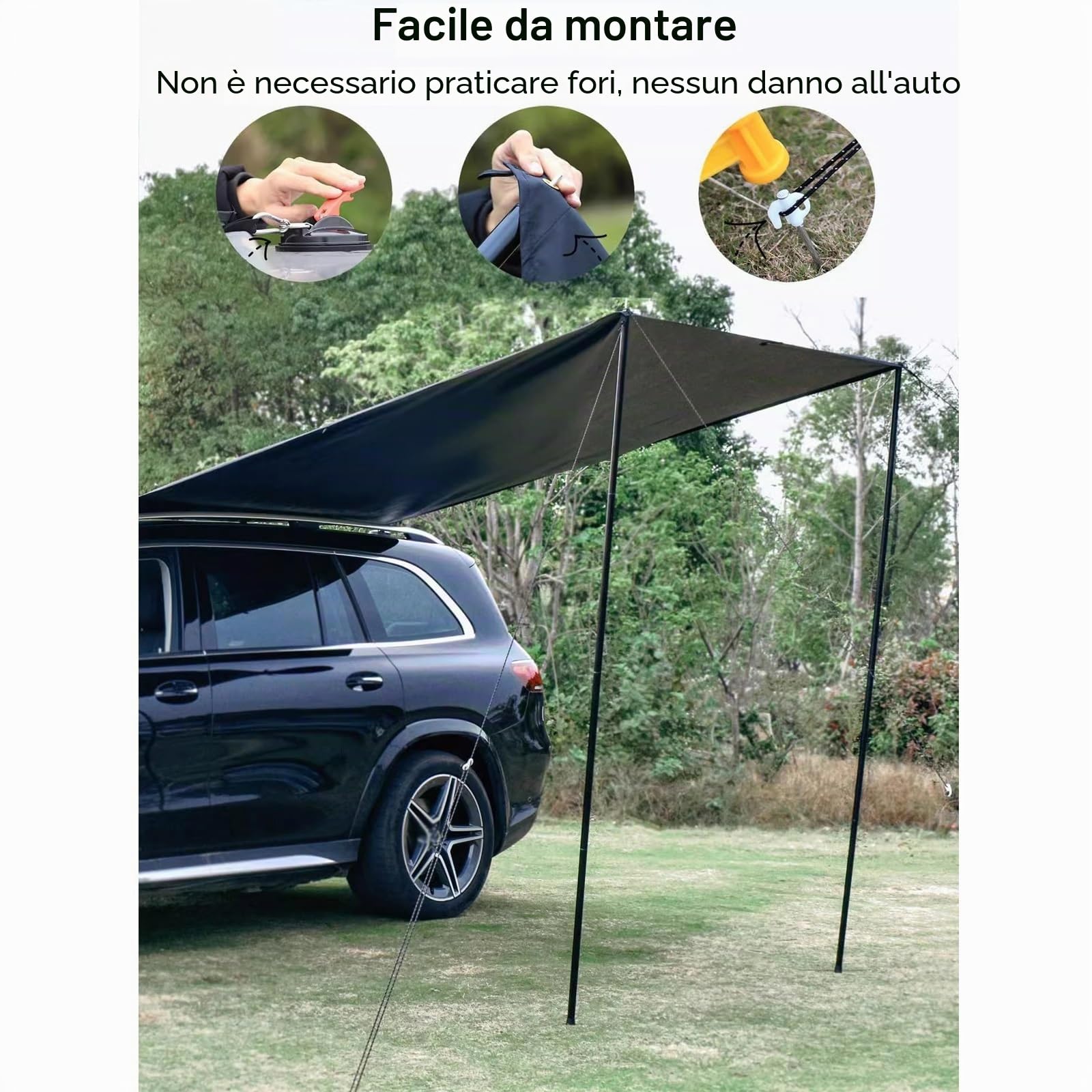 Tendalino Laterale per Auto con Ventosa, Tendalino Auto Camper 200x300cm Tessuto Oxford 210D, Rivestimento in Colla Nera Impermeabile PU5000mm UPF50+, Nessun Portapacchi Richiesto(Beige)