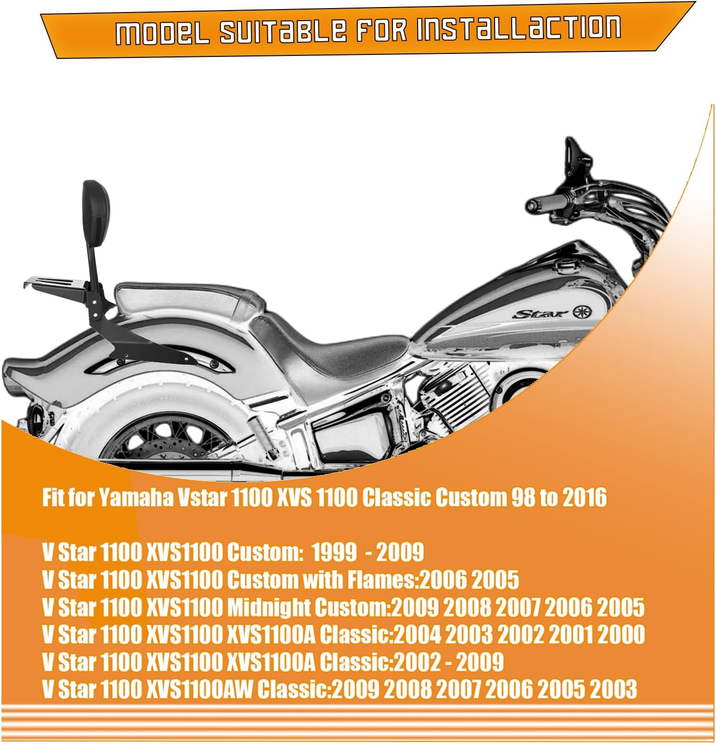 Powersports Sissy Bar with Backrest Luggage Rack for Yamaha Vstar 1100 XVS 1100 Classic Custom 1998 to 2016(Silver,Non-Studded)