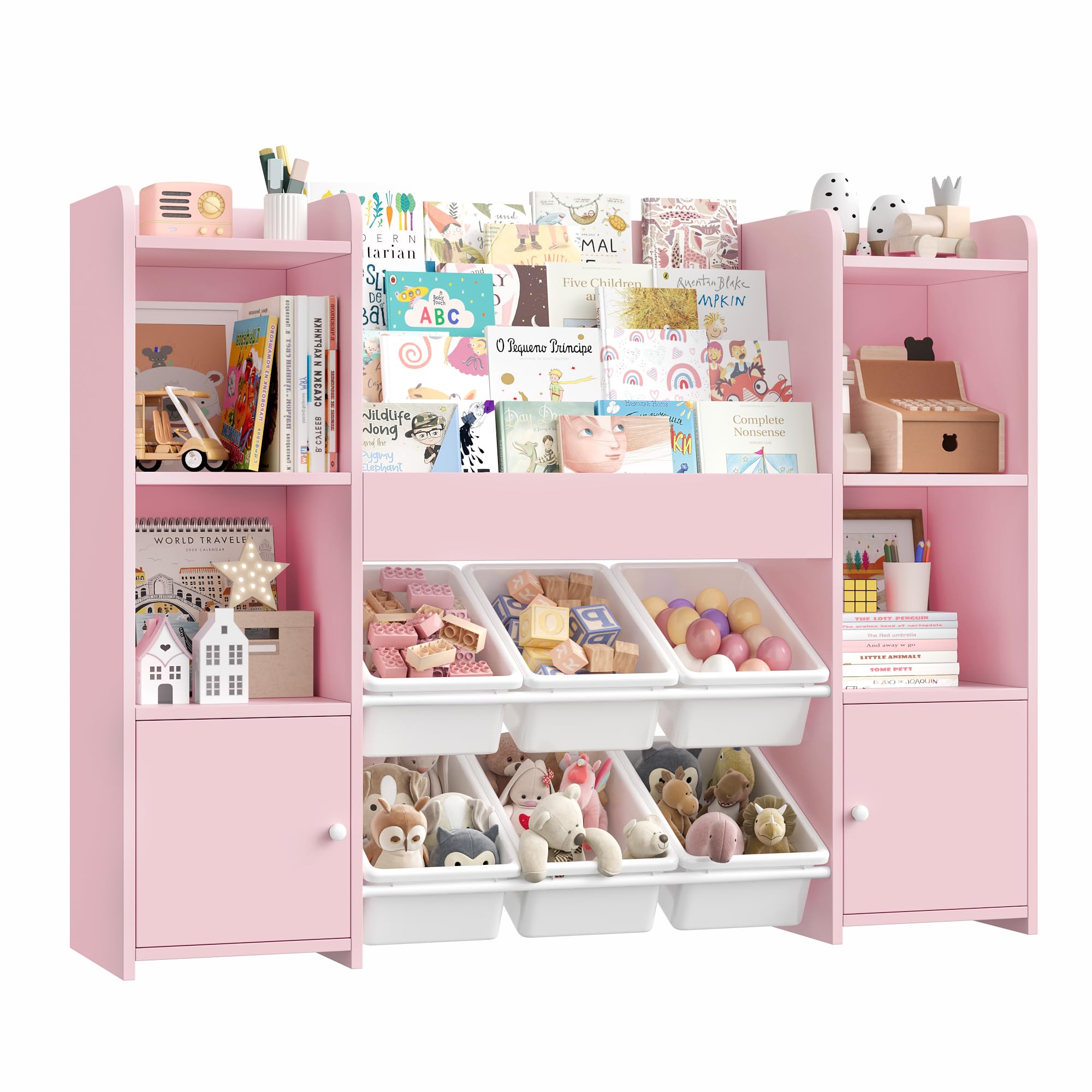 FOREHILL Toy Storage Unit Childrens Bookcase Kids Storage Kids Bookshelf Toy Organiser with 6 Removable Boxes, 4-tier Book Shelf for Nursery Playroom 119x29.5x94 cm Pink
