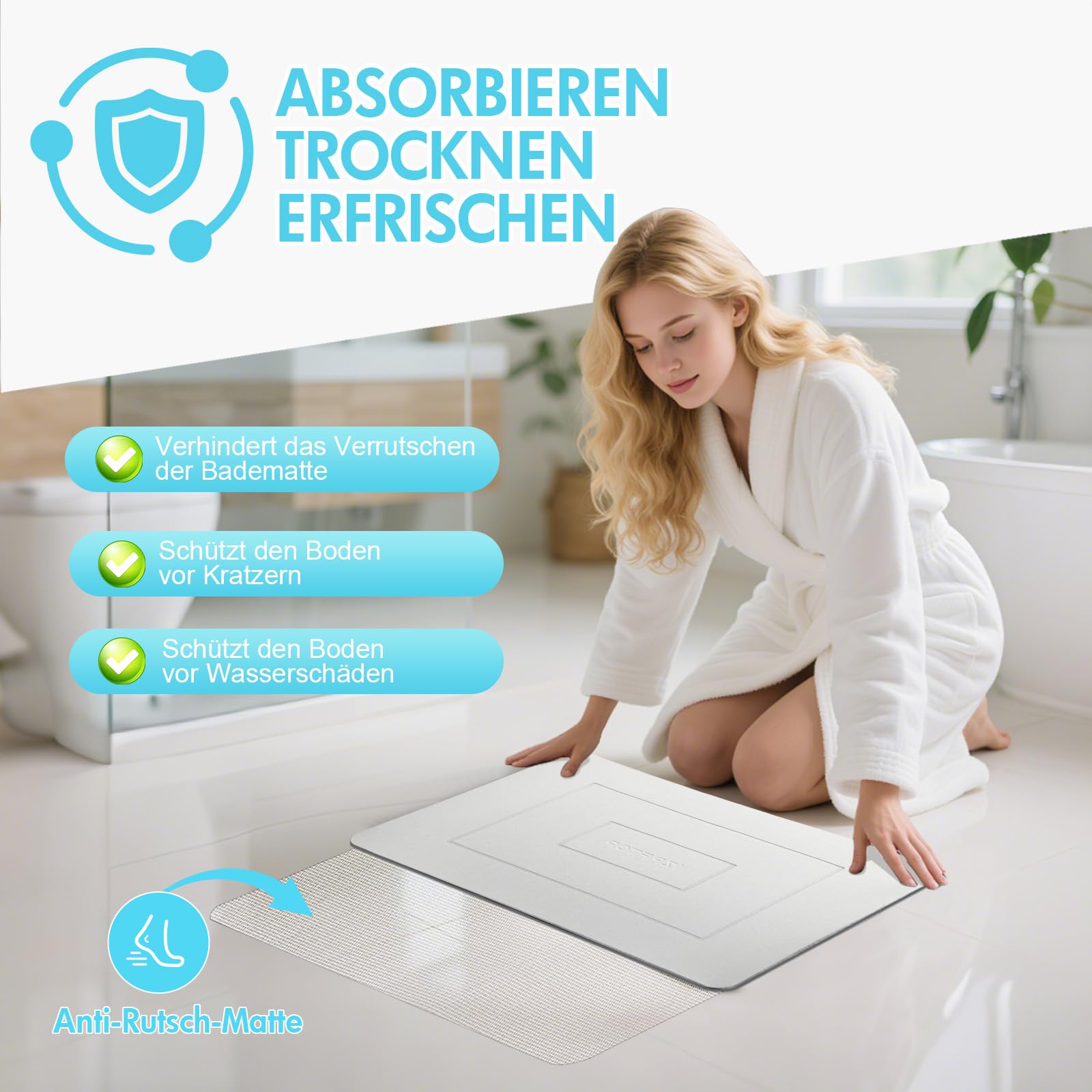 Tappeto bagno diatomite,Tappetino bagno assorbente,Tappetino pietra doccia,tappeto doccia assorbente, tappeto bagno antiscivolo,tappetini bagno 60x39cm (blanco)