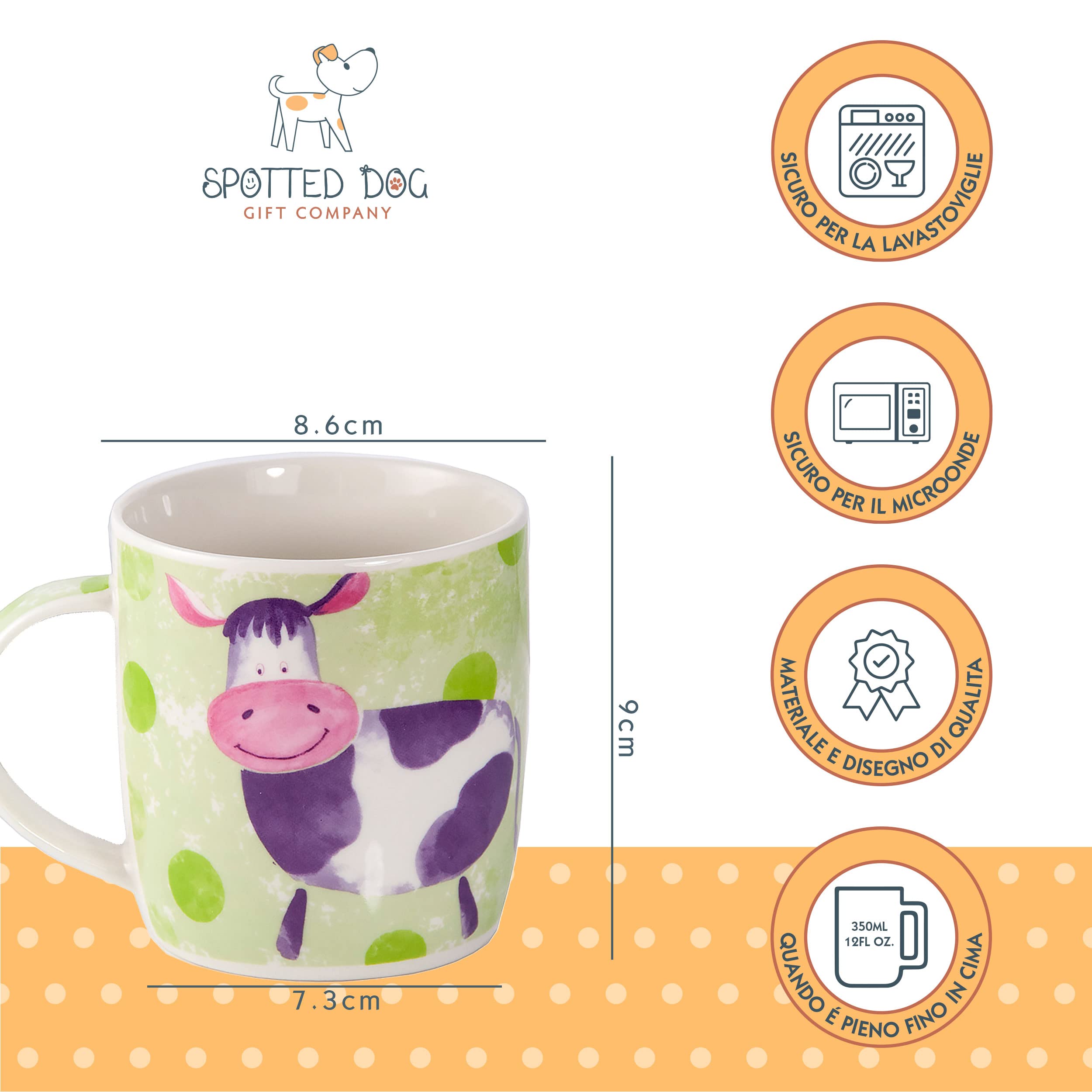 SPOTTED DOG GIFT COMPANY Set di 4 Tazze da Caffè in Ceramica 350 ml per Caffè e Tè, Tazze con Animali da Fattoria, Pecora Mucca Cavallo e Maiale, per Adulti e Bambini