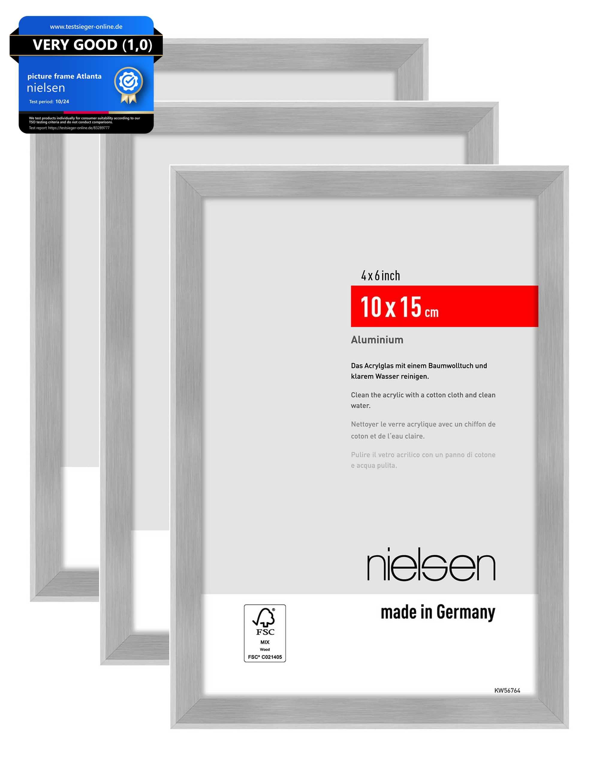 nielsen Atlanta Aluminium Picture Frame - Brushed Silver 4x6in, 10x15cm (Pack of 3) - with Synthetic Glass and Push-Turn Clips