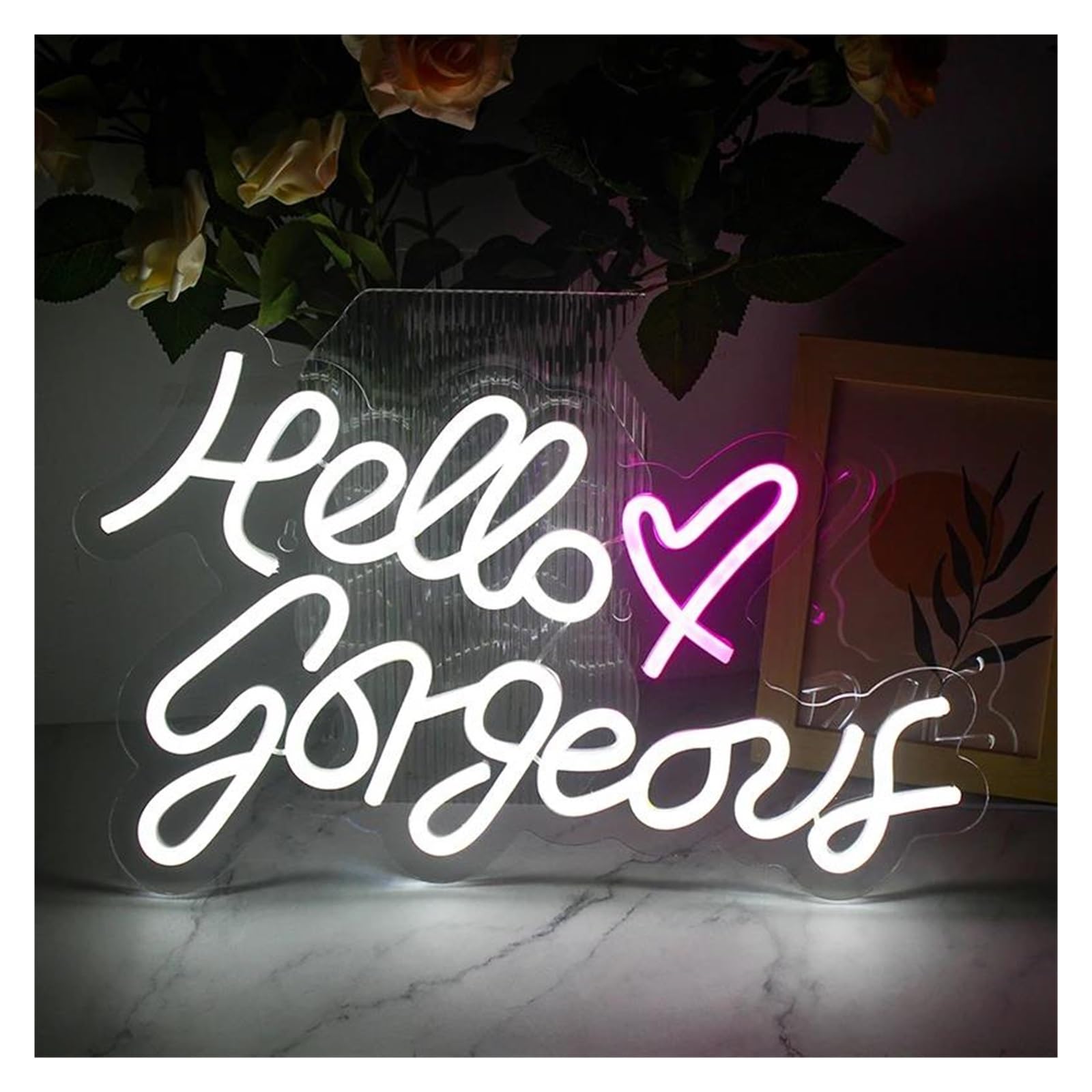 Gamer Glas Neon Licht ， Hello Gorgeous Neonschild Buchstabe LED-Licht Hochzeit Zuhause Zimmer Schlafzimmer Dekoration USB-betriebene Wandlampe beleuchtet 42cmx25.5cm