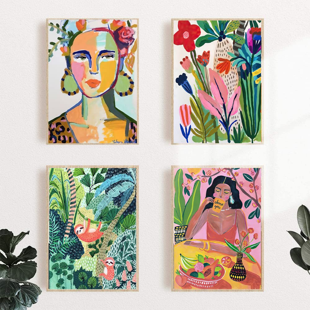 Jpaios Abstract Tropical Colorful Girls Canvas Print Flower Plant Koala Wall Art Canvas Painting Nordic Style Posters And Prints Mordern Wall Pictures (12x16inch), tropical girls-4pcs