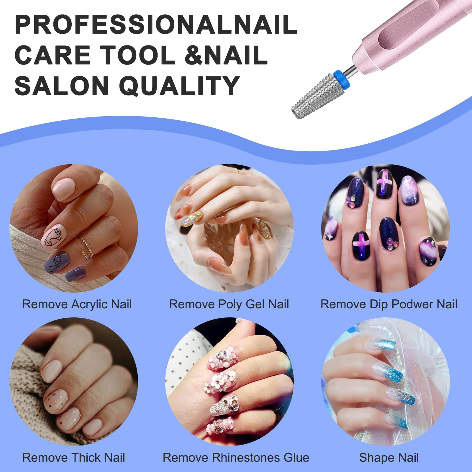5 en 1 Foret à ongles en carbure de tungstène 3/32" pour Manucure Pédicure Cuticule Gel Polissage Enlèvement rapide de l'acrylique ou du gel dur Embouts pour techniciens (Moyen - M, Argent)
