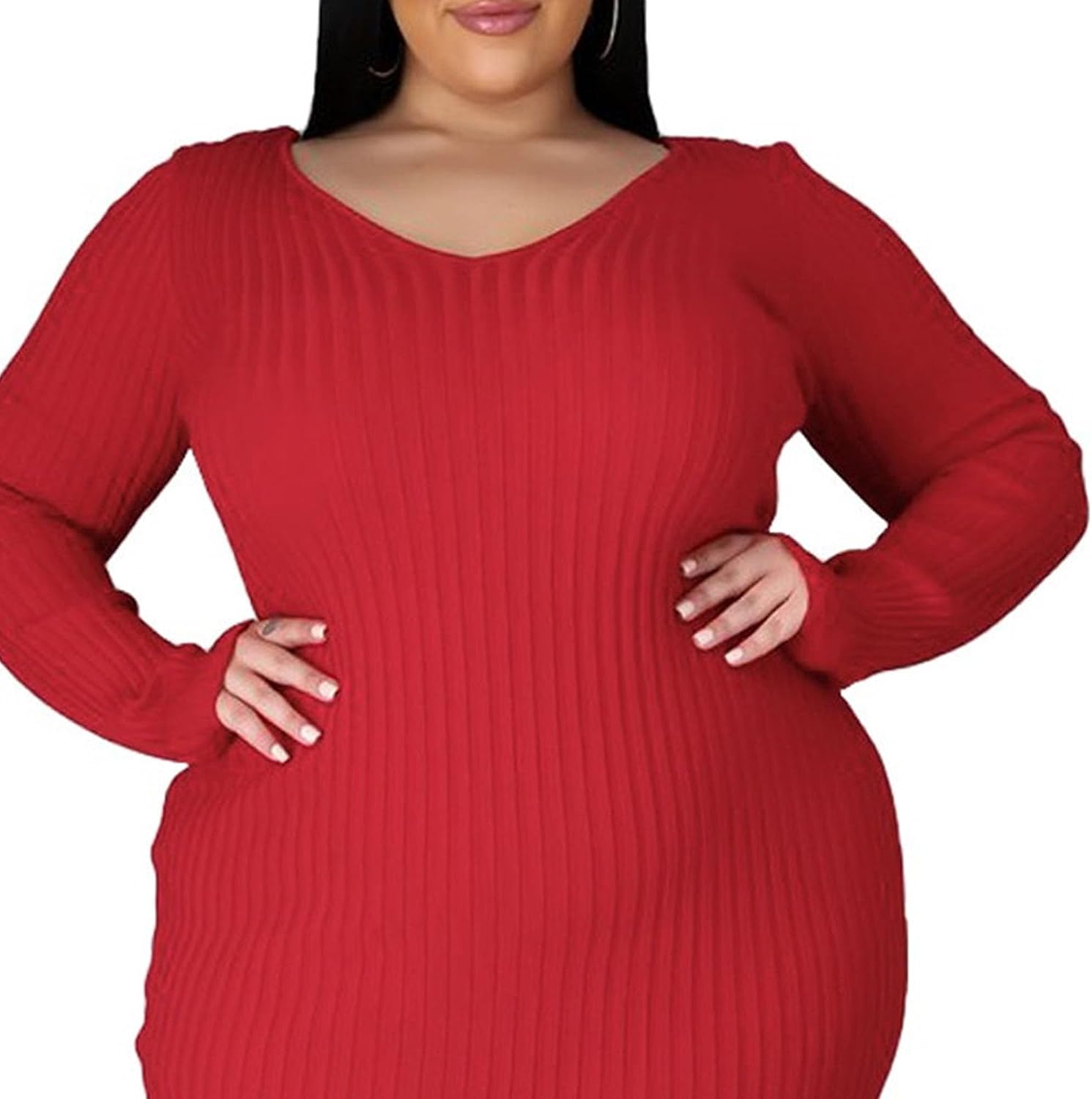 Generic Women'S Long Sleeve V Neck Bodycon Dress Plus Size Ribbed Mini Tank Short Party Dress Solid Color Stretchy Dresses