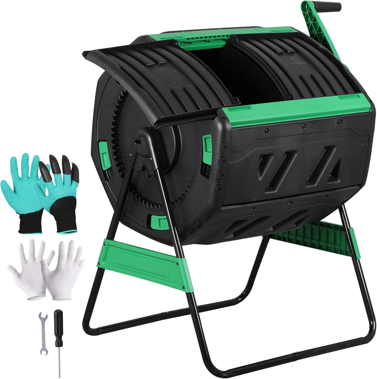 LEMY 53 Gallon Dual Chamber Compost Tumbler,Outdoor Compost Bin with 2 Sliding Doors and Sturdy Metal Steel Frame,Free Rotating Composter Including Gloves & Tools for Kitchen,Backyard Garden