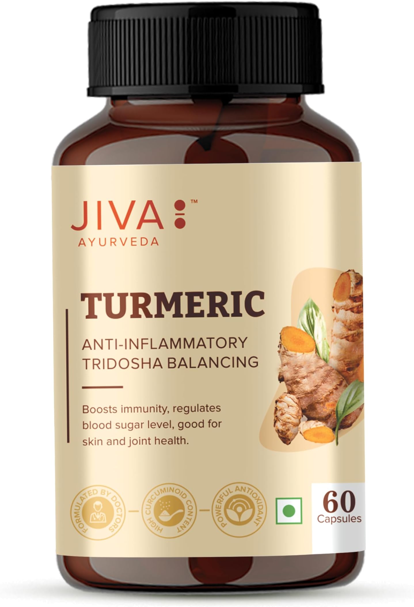 Jiva Turmeric Capsules | 100% Ayurvedic formulation Made Of Haldi & Amla | Boosts Immunity & Promotes Healthy Skin | Regulates Blood Sugar Levels & Controls Diabetes- 60 Capsules (Pack Of 1)