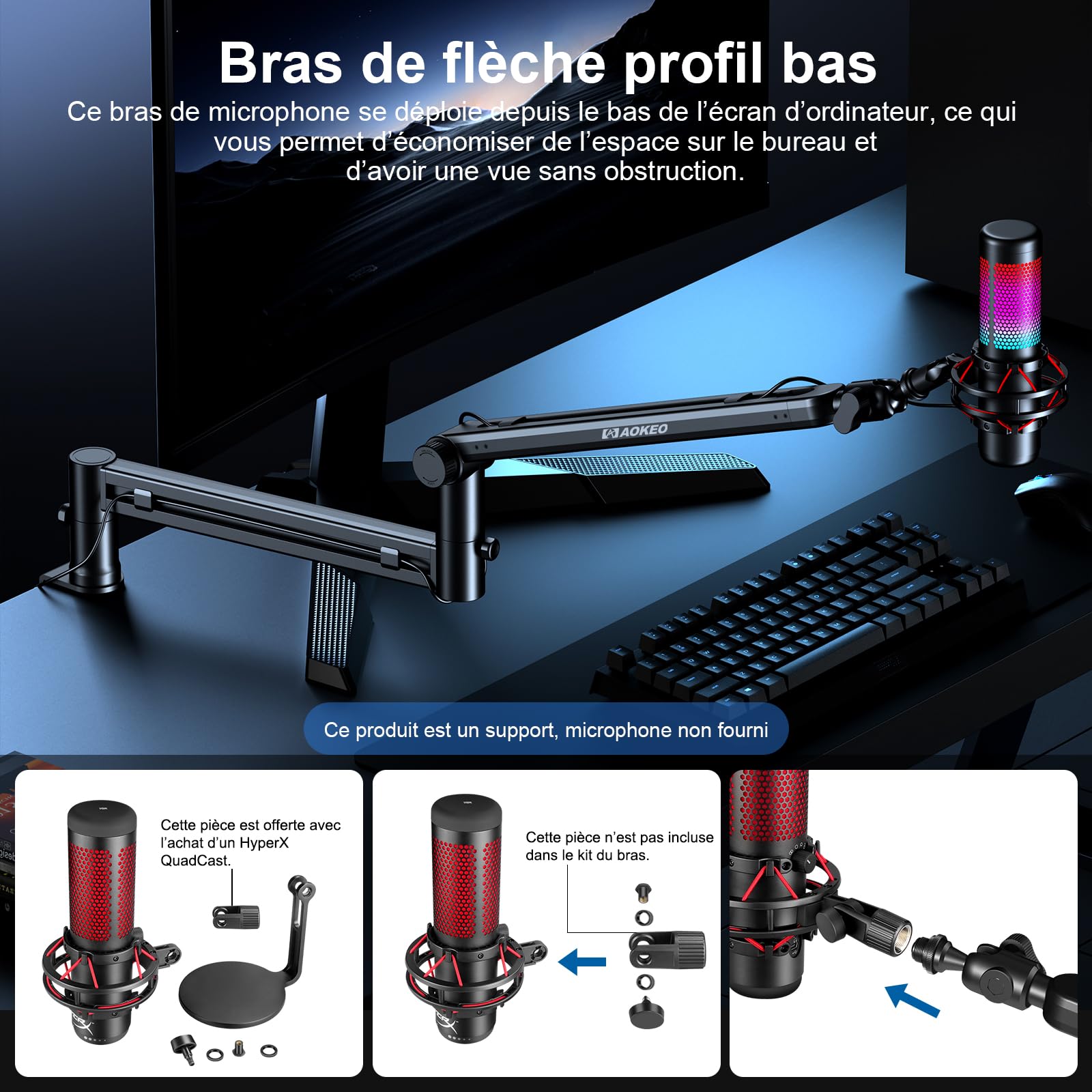 Bras Micro,Aokeo AK-58 Support Articulé de Bureau à Profil Bas pour Blue Yeti,Snowball iCE,HyperX QuadCast/SoloCast,Elgato Wave,etc