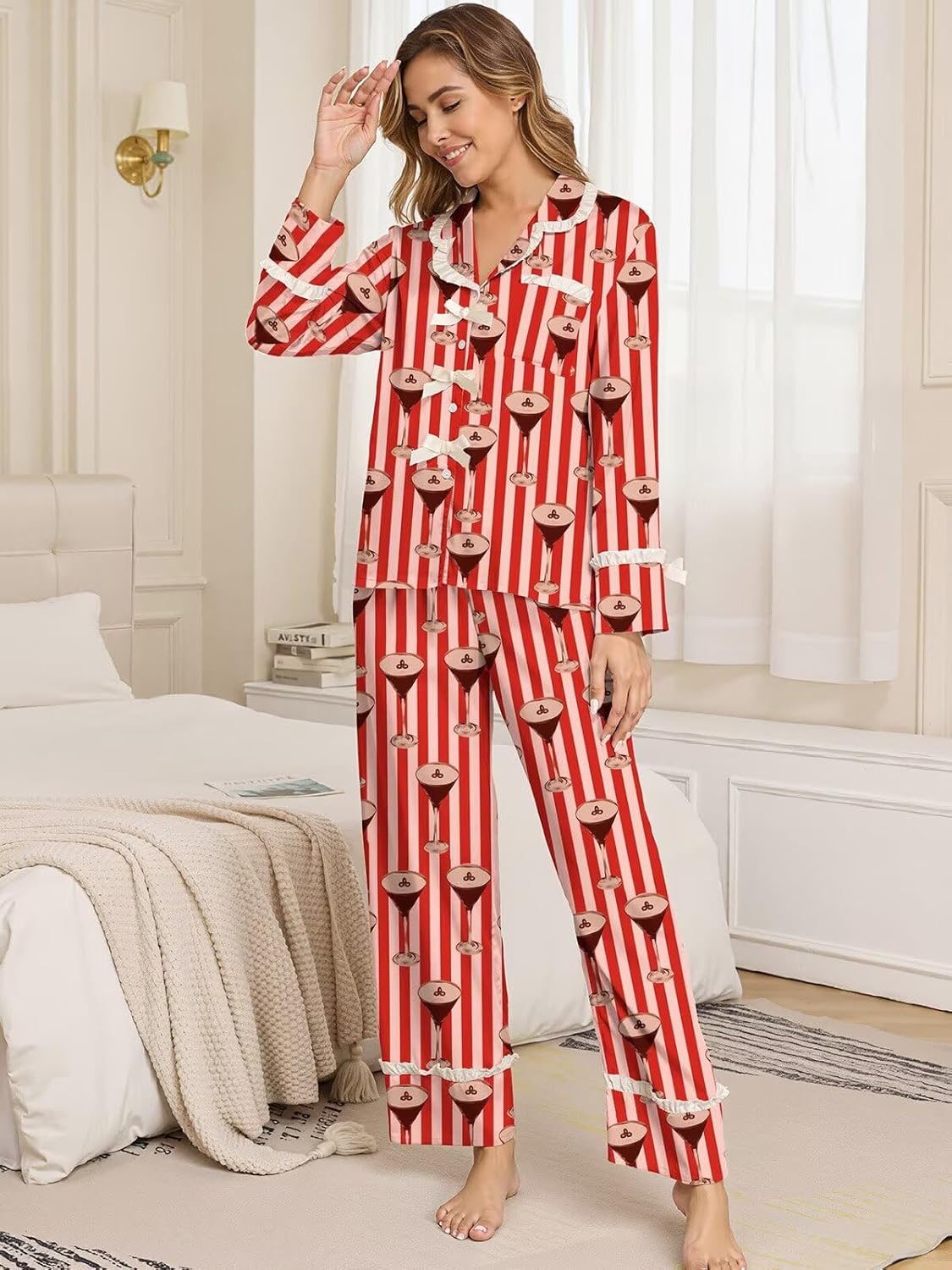 Brosloth Womens Silk Pajamas Bow Long Sleeve Satin Pajama Set Silky Button Down Fall Pjs Loungewear Sets - Image 4