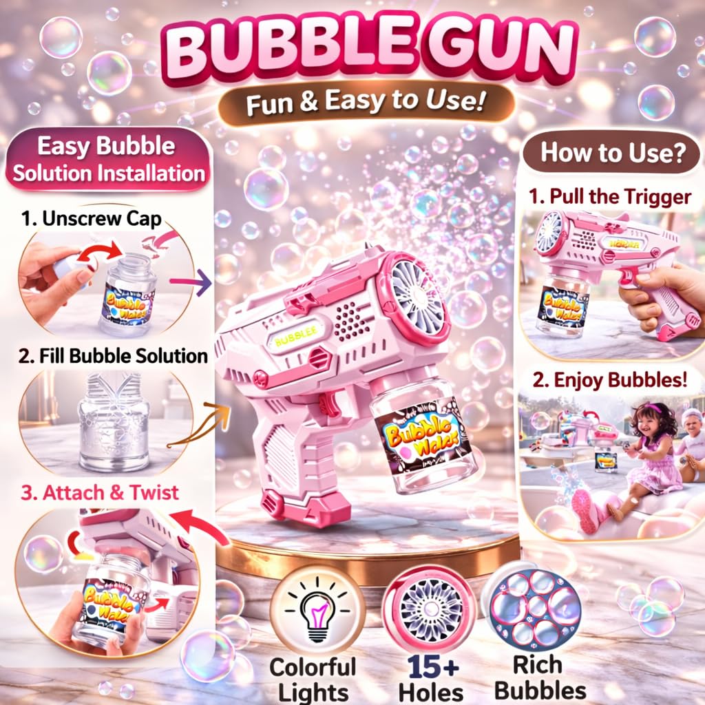 Electric Bubble Gun for Kids - Pink LED Light Toy -7