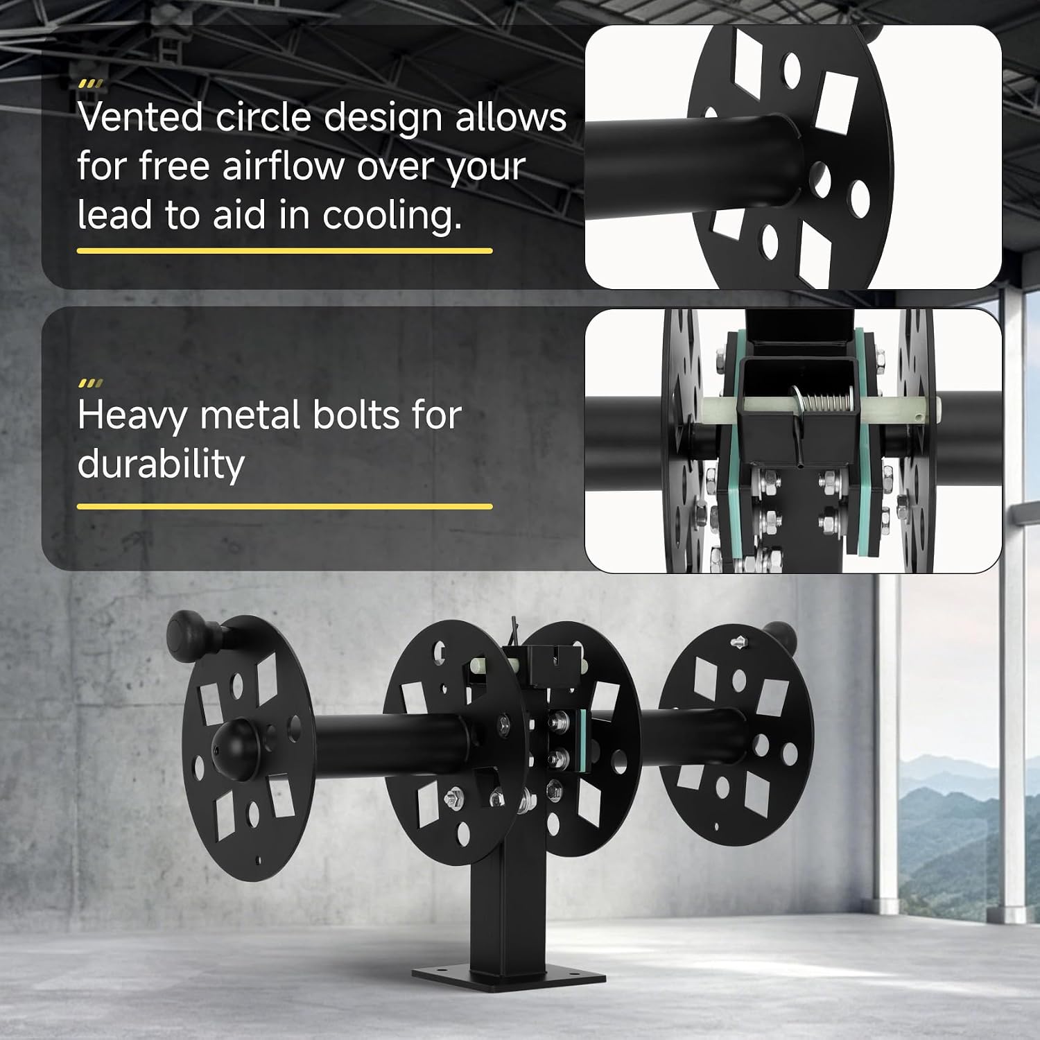 Heavy Duty Double Welding Cable Lead Reel, Heavy-Duty Fixed Base + Insulated Safety Lock Pin, 10" Reel, Holds 150ft 1/0 & 125ft 2/0 Cable, 600A Capacity