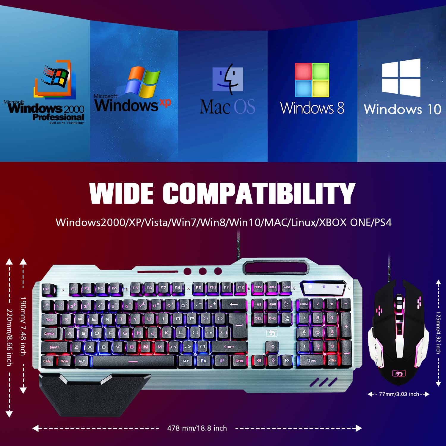 Gaming-Tastatur und Maus-Kombination, graue Metalllegierung,16 LEDs RGB-Hintergrundbeleuchtung, kabelgebunden USB-Tastatur mit Handgelenkauflage + 3200 DPI LED atmende Maus mit Hintergrundbeleuchtung