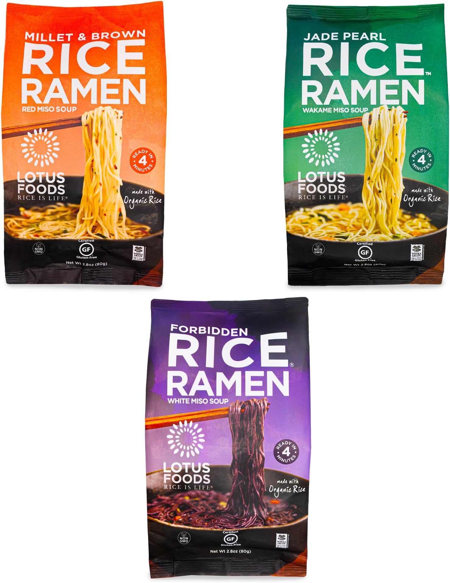 Lotus Foods Gluten Free Rice Vegan Ramen & Miso Soup 3 Flavor 6 Bag Variety Bundle: (2) Millet & Brown Rice Ramen, (2) Forbidden Rice Ramen, and (2) Jade Pearl Rice Ramen, 2.8 Oz Ea (6 Tot)
