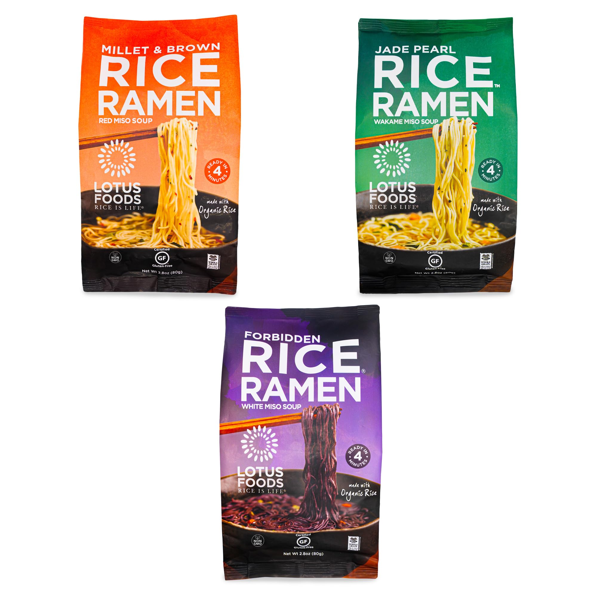 Lotus Foods Bulk Organic Rice Ramen With Miso Soup Variety Bundle - Gluten Free Rice Ramen, Whole Grain Noodles - Forbidden Black, Jade Pearl, Millet & Brown Rice - 2.8 Oz Bags (Pack of 6)