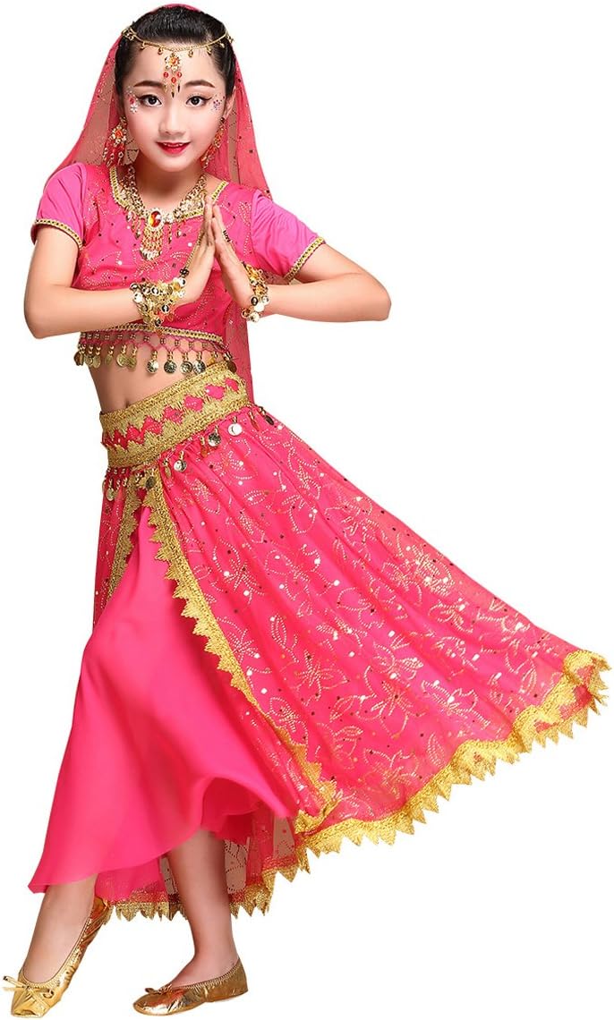 Belly Dance Costume Bollywood Dress - Halloween Chiffon Dance Outfit Costumes with Head Veil for Girls