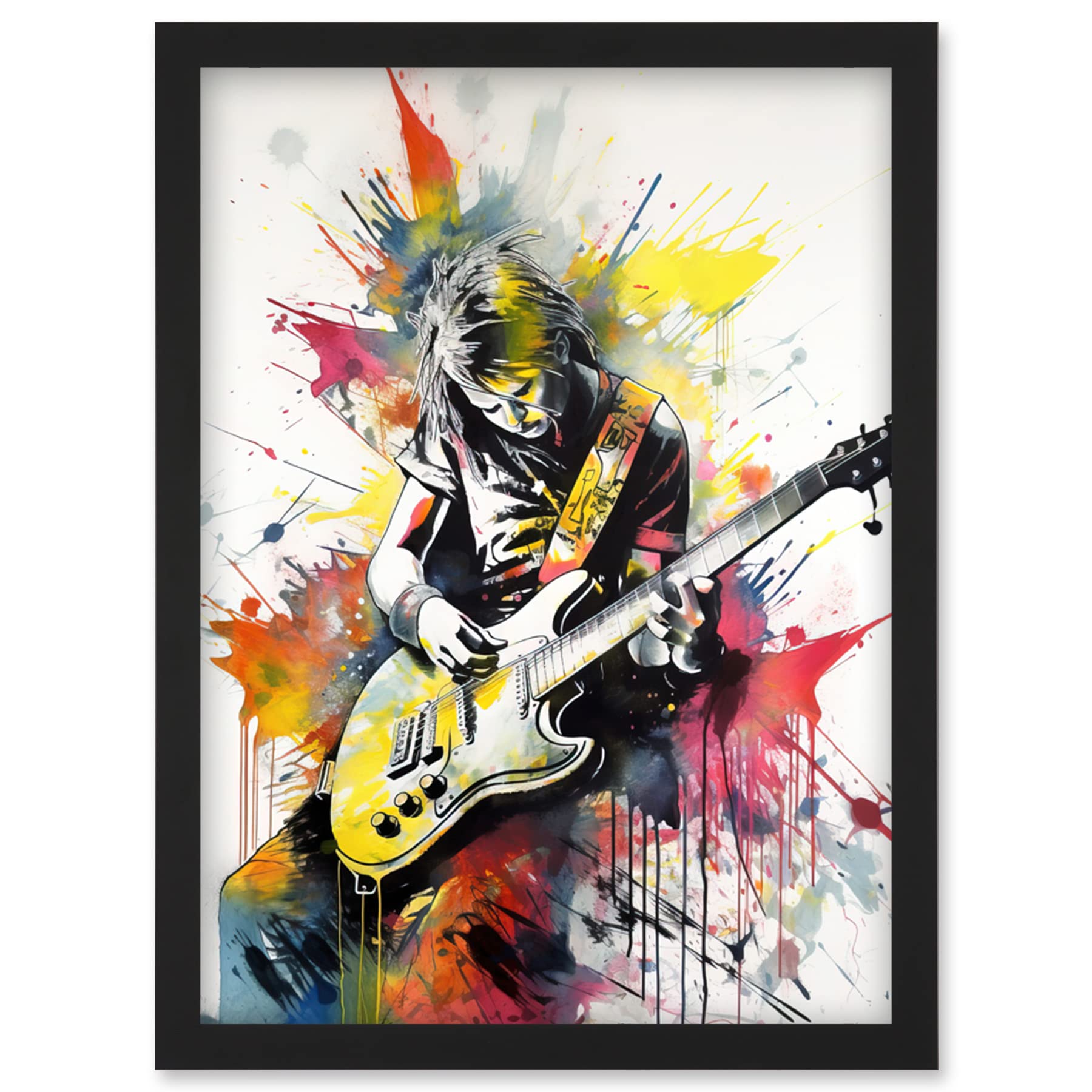 Artery8 Guitarist Playing Electric Guitar Music Solo Vibrant Modern Splat Paint Watercolour Illustration Artwork Framed Wall Art Print A4