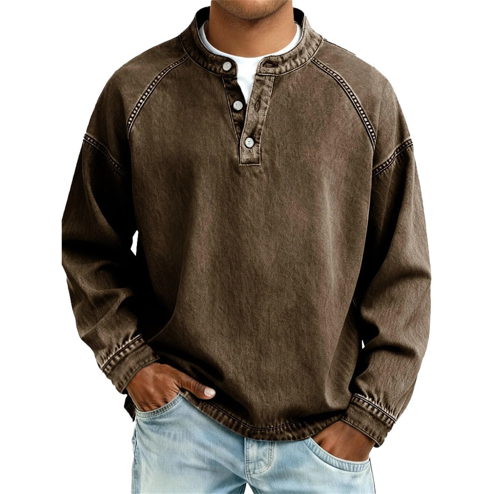 Herren Langarmshirts Henley Shirt Crew Neck Vintage Longsleeve Gewaschen Sommerhemd Herren Langarm T-Shirt Atmungsaktiv Comfort Outdoorshirts