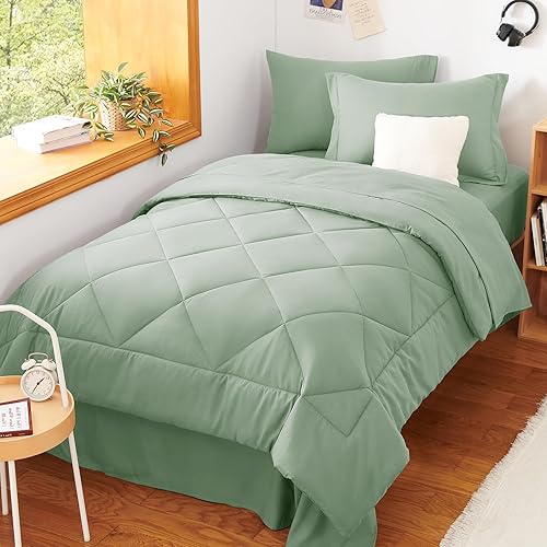 Miniatura 7 de CozyLux Juego de edredón individual con sábanas de 5 piezas, ropa de cama en una bolsa, color verde salvia, para todas las estaciones, con edredón,
