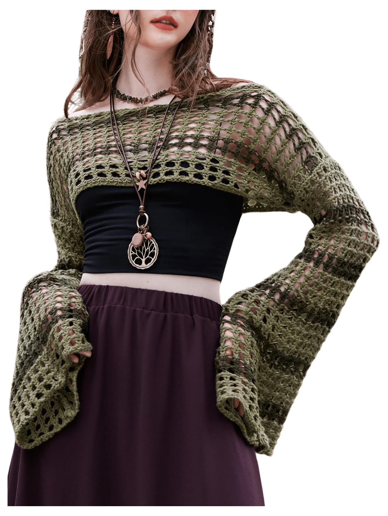 SHENHE Women's Hollow Out Knit Bolero Shrug Crochet Cropped Sweater Top Bell Long Sleeve Y2K Top: Large Army Green