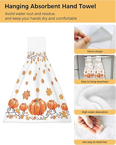 Miniatura 2 de Fall Kitchen Hand Towels Orange Pumpkin Hanging Kitchen Towels Maple Leaf Hanging Dish Towels Fall Hand Tie Towels Set 2 Tea Towel Bar Towels Loop