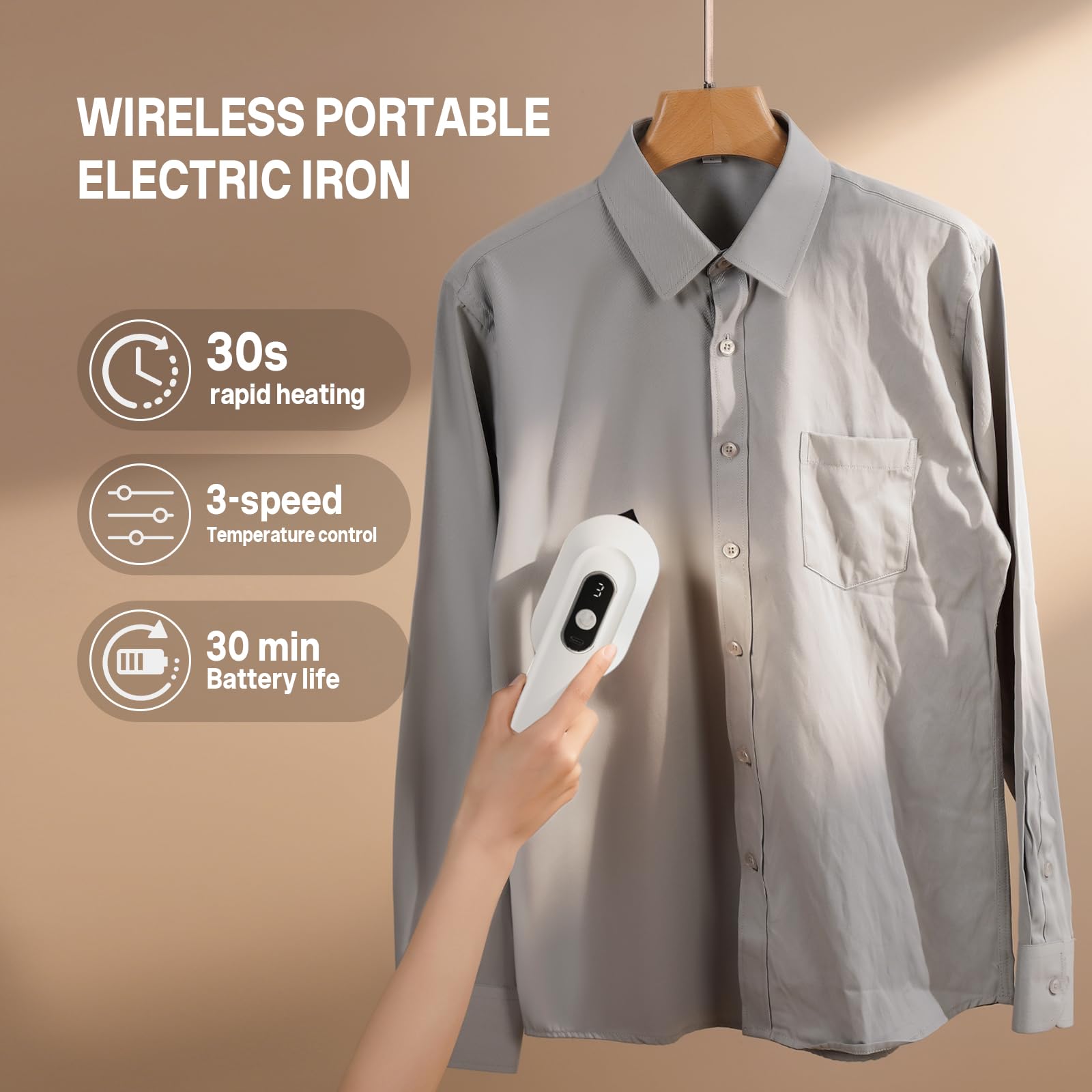 auvstar Plancha de Ropa Sin Cables para Viaje con Batería 4000mAh,Mini Plancha Portátil con 3 Niveles de Temperatura,Recargable USB-C,Ultra Ligera para Negocios,Camping y Hogar