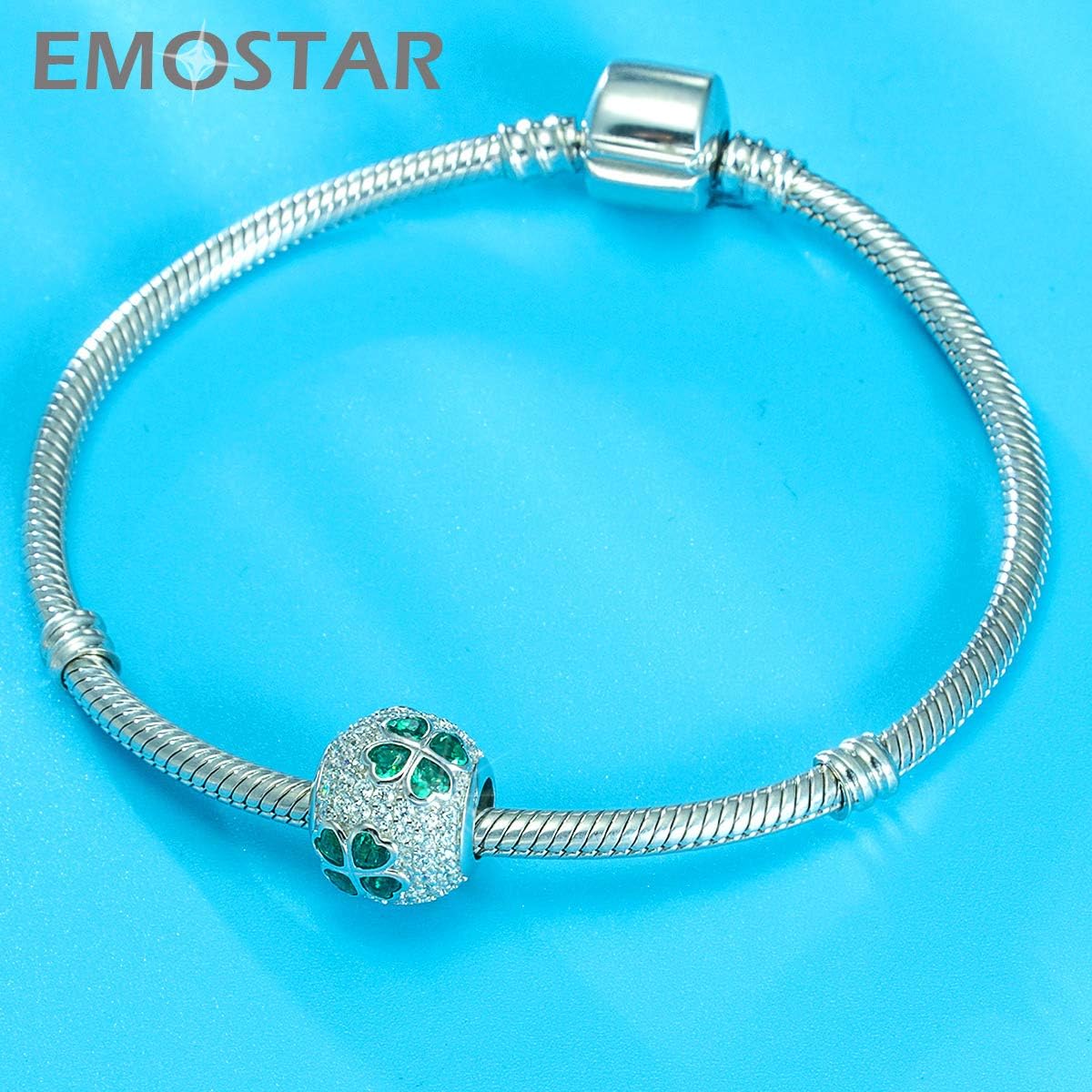 EMOSTAR Sparkling Dog Puppy Paw Print Charms, Four-Leaf Clover, and Green Leaves Charms fits Women Bracelet - Pave Clear Cubic Zirconia Beads in 925 Sterling Silver, Gifts for Christmas/Mom/Pet Lover - Image 2