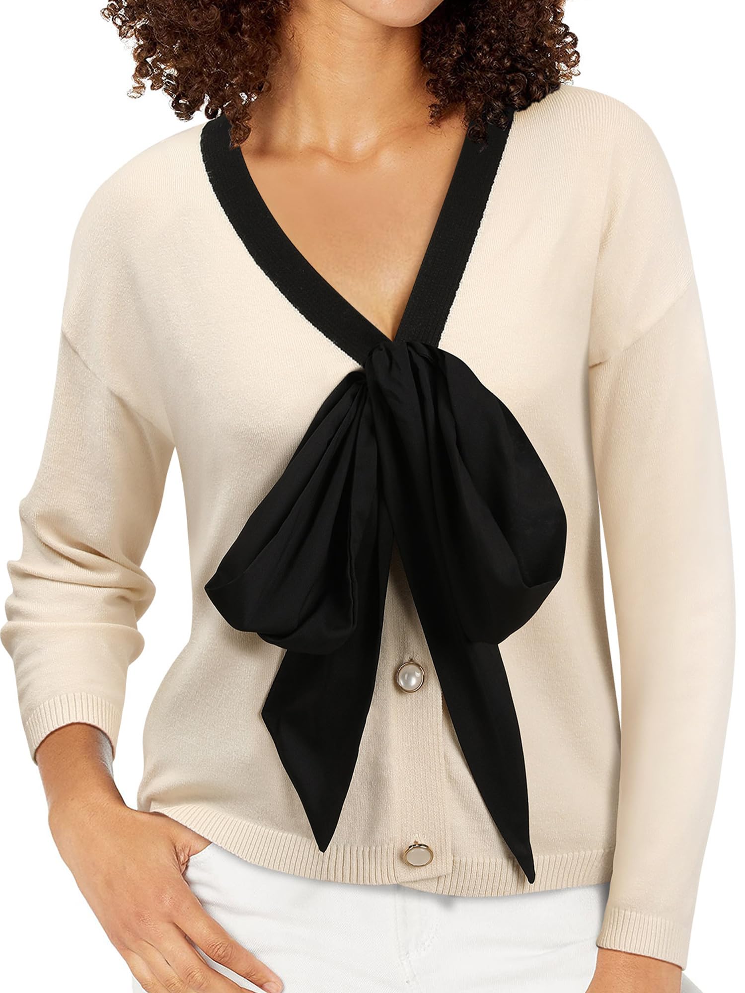 Women Bow Sweater Cute Tie Front Cropped Cardigan V Neck 7 8 Long Sleeve Fall Knit Top Elegant