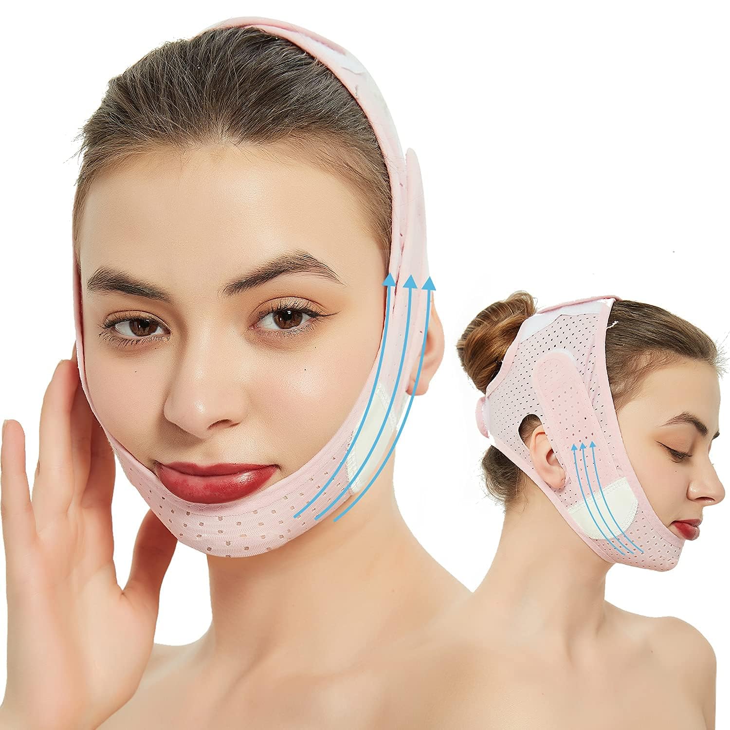 Adjustable Double Chin Strap: Face Wrap for Jawline Support, Soft Breathable Reusable Face Band for Daily Facial Care, Comfort Fit for Women Pink