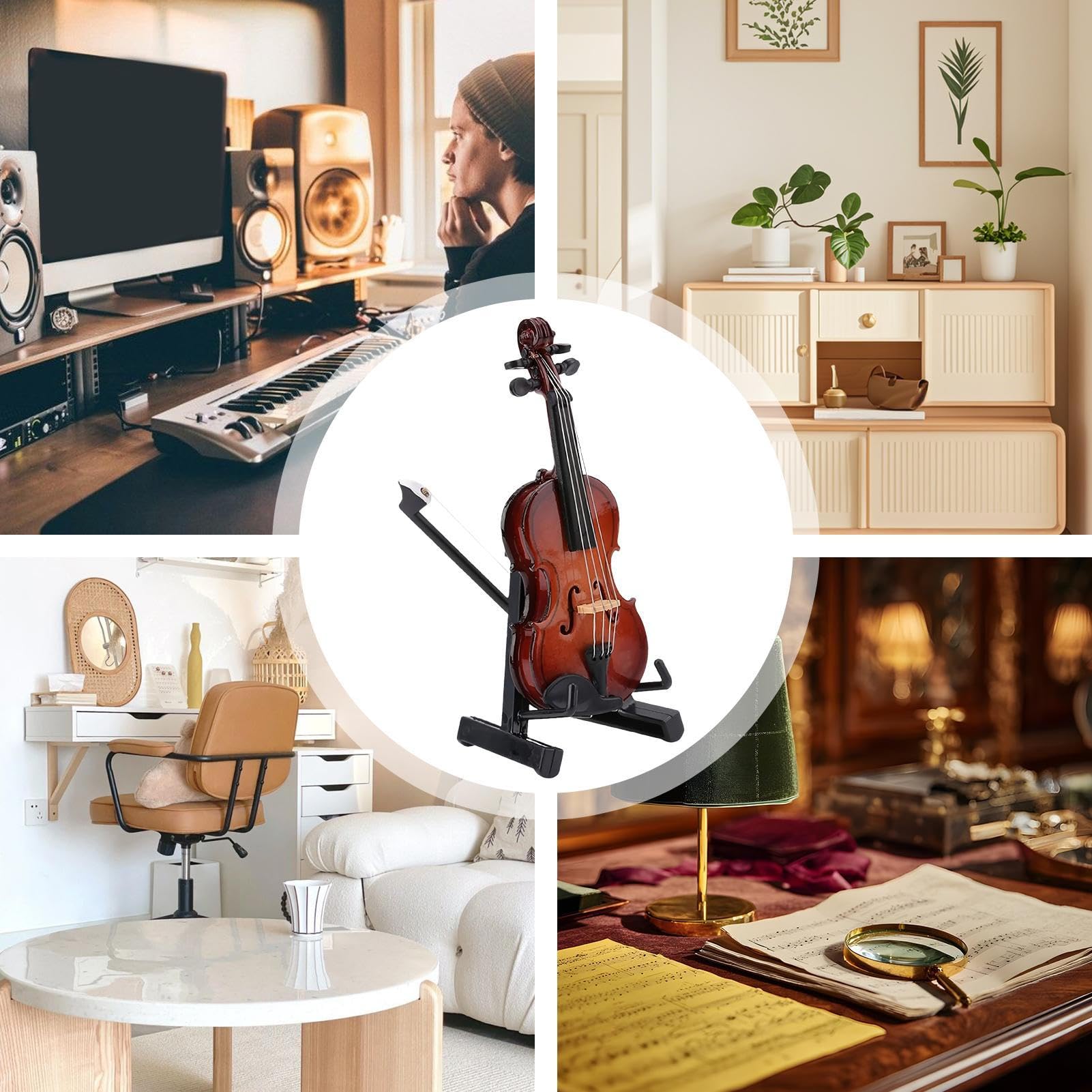Generisch Violino in miniatura in legno con supporto, mini strumento musicale con supporto, modello da collezione, decorazione per casa delle bambole, soggiorno, camera da