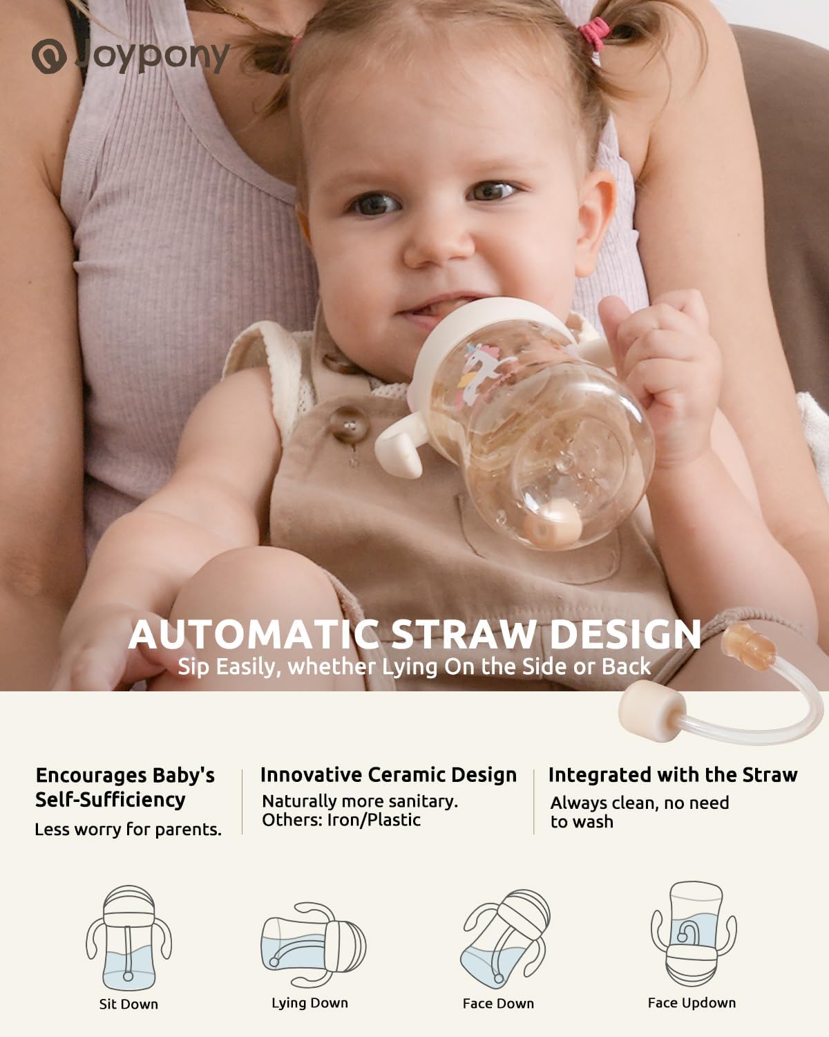 Joypony Sippy Cups for Toddlers 1-3, Pink 2 Pack, 6 oz, Spill Proof Weighted Straw Cup with Handle for Baby 6 Months + old, Total 4 Silicone Straws, PPSU, BPA Free