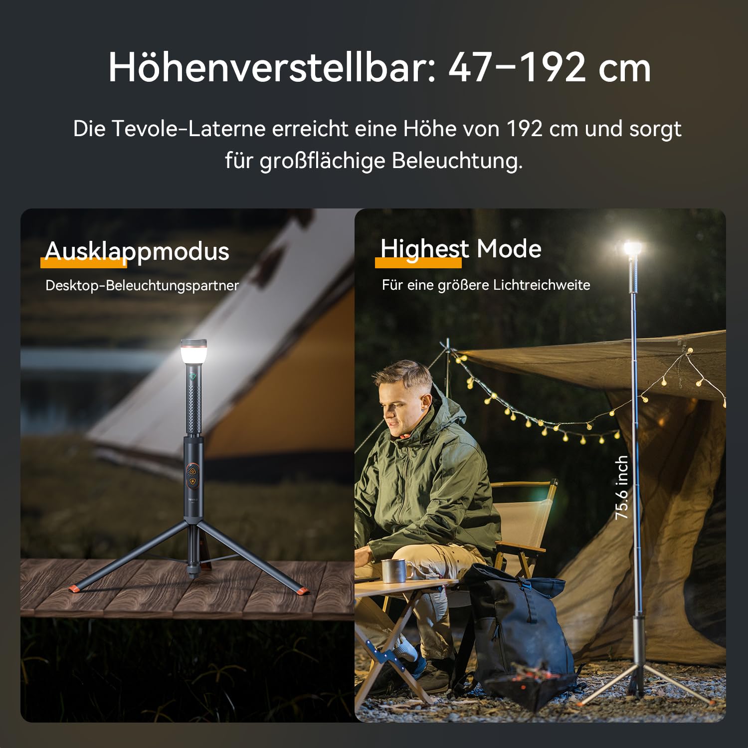 Campinglampe Teleskop & Zusammenklappbar 800 Lumen, IP65 Wasserdicht, mit Fernbedienung & Magnetfuß, USB Wiederaufladbar, Höhenverstellbar – Outdoor Licht für Abenteuer, Zelten, Notbeleuchtung