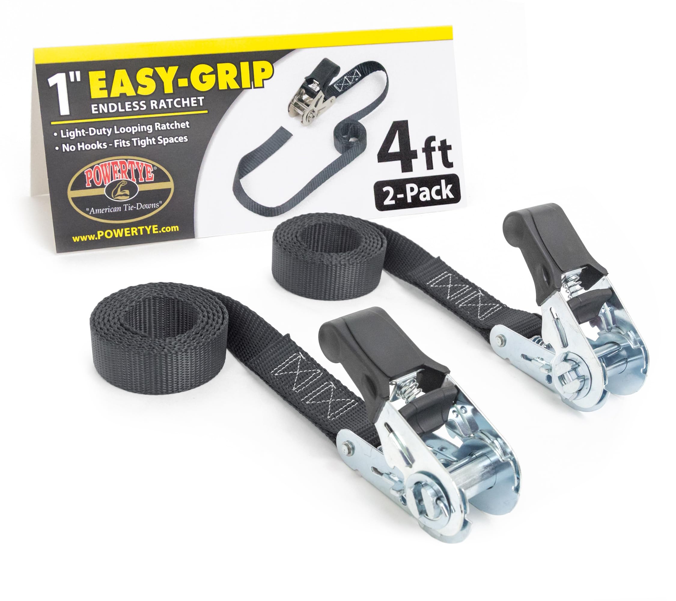 PowerTye - Endless Ratchet Strap - 1in x 4ft Easy Grip (Hookless), Tie Down Strap w/ 400 lb. Working Load Limit / 1,200 lb. Break Strength, Ideal for