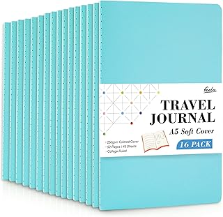 feela 16 Pack Soft Cover Journal Bulk, Lined Notebooks College Ruled for Work for Women Girl Writing, Blank Travel Journal Note Taking Notebook School Business Supplies, 8.2” x 5.5”, A5, Light Blue