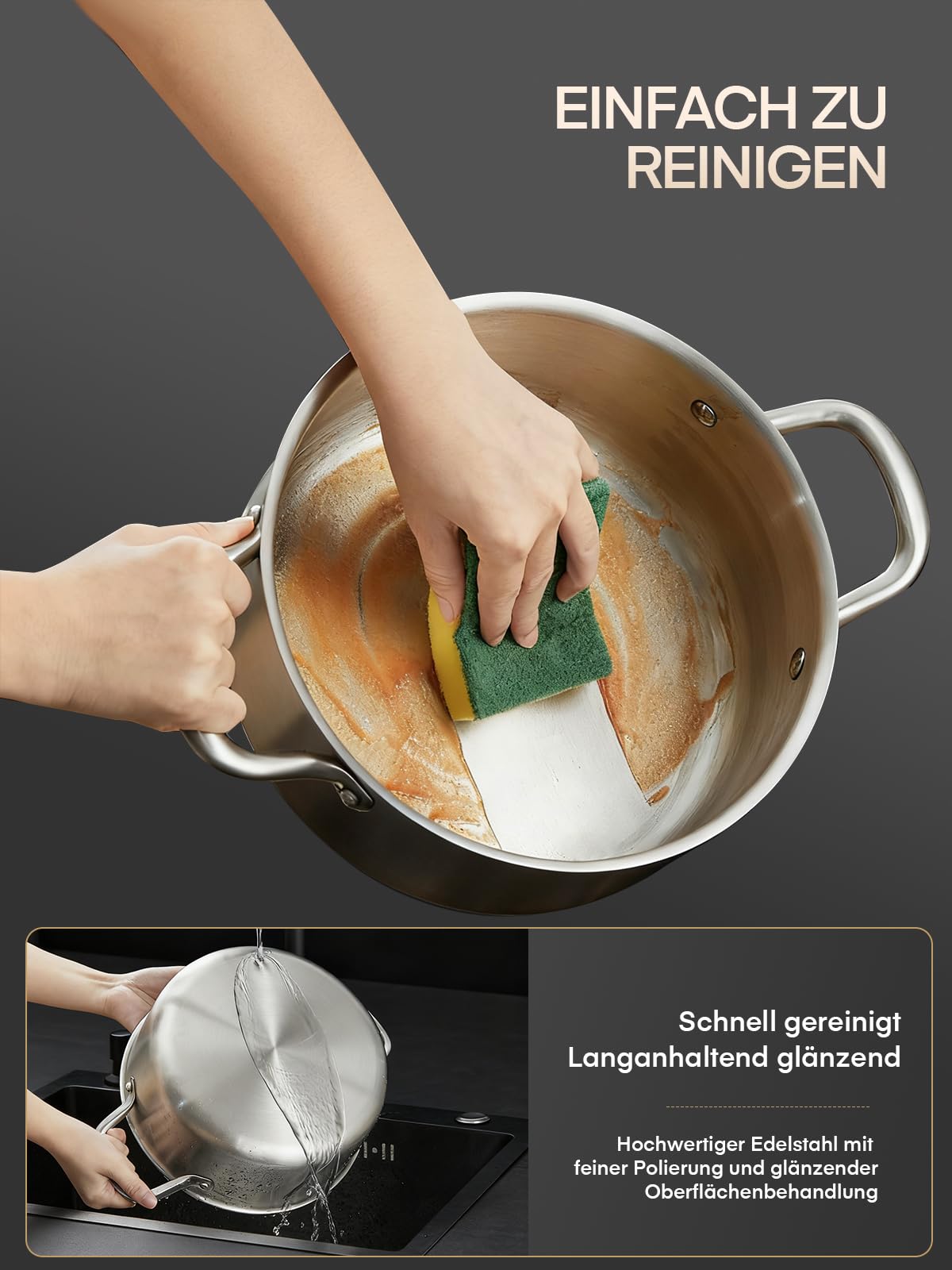 Topfset Edelstahl 3-PLY, 15-tlg Premium Induktions Töpfe Set Induktionsgeeignet für alle Herdarten, mit Dünsteinsatz & 5-Teilig exklusivem Löffelzubehör, unbeschichtet, für Camping und Wohnung