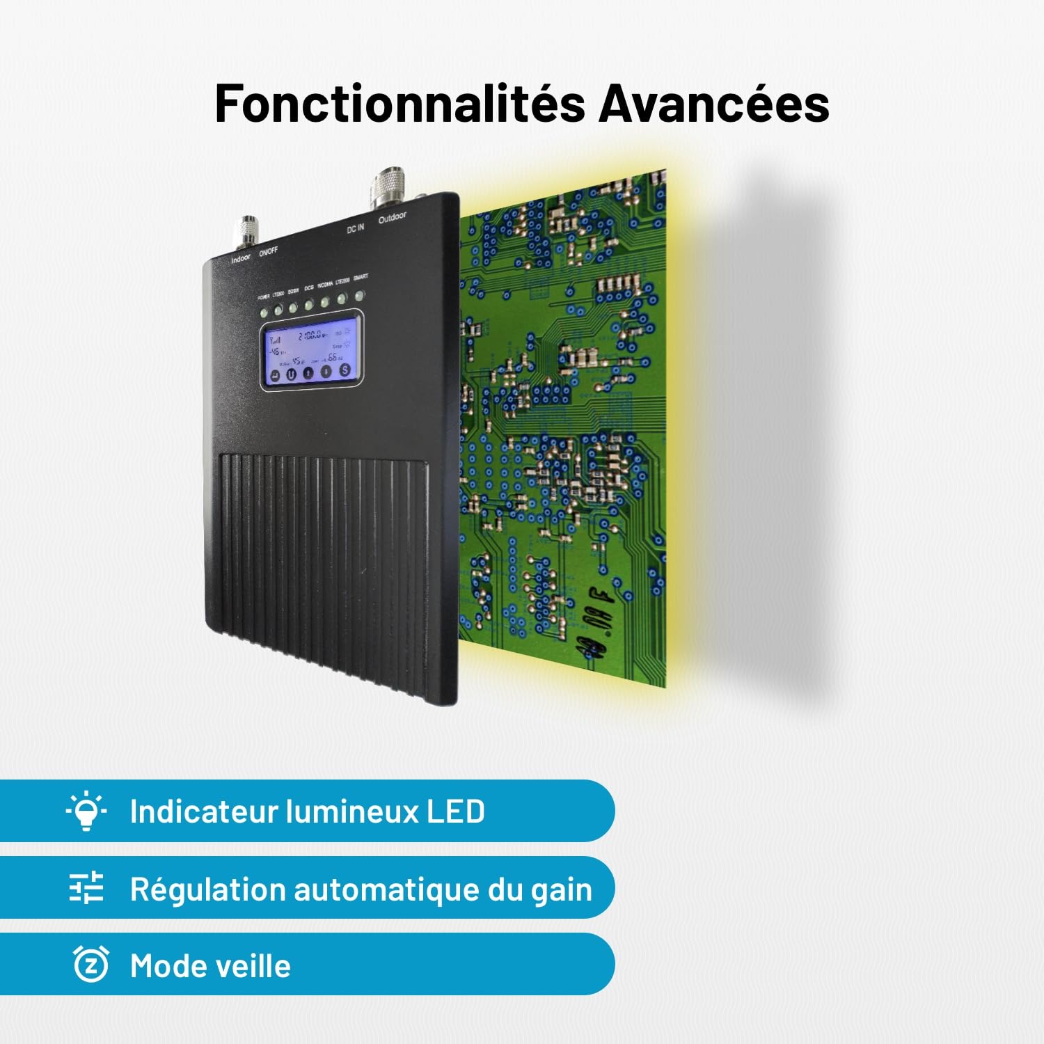 Amplificateur 5 Bandes 4G 3G GSM - Répéteur Mobile Universel 800/900/1800/2100/2600 MHz - Jusqu’à 300 m² - Tous Opérateurs FR - Écran Tactile - CE RoHS