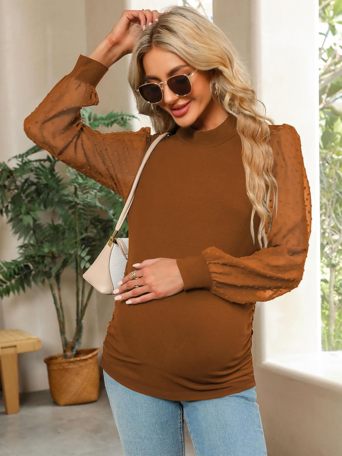 Women's Maternity Shirt Long Sleeve Top Swiss Dot Mock Neck Ribbed Knit Striped Ruched Side Blouse - Image 5