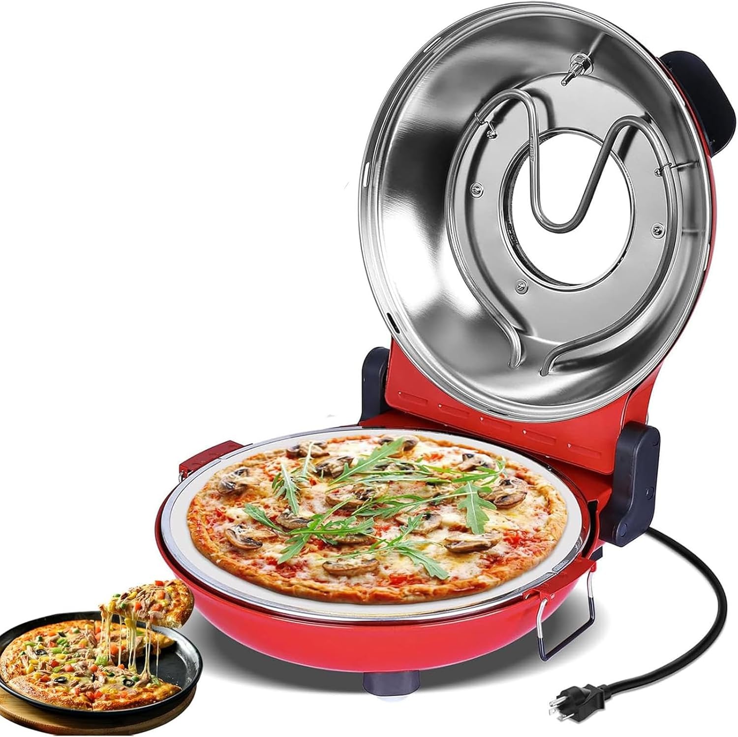 Pizza Oven Maker, 12 Inch Electric Pizza Oven with Glass Window & Grill Pan, 1200W Fast Heating and 420℃ Temperature Control, Non-stick Heating Plate and Easy To Cleaning, for Outdoor Cooking